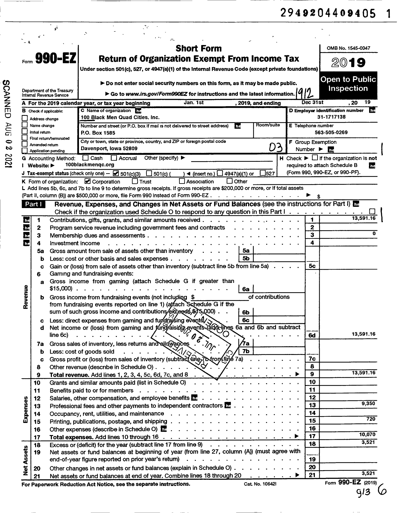 Image of first page of 2019 Form 990EZ for 100 Black Men of the Quad-Citites