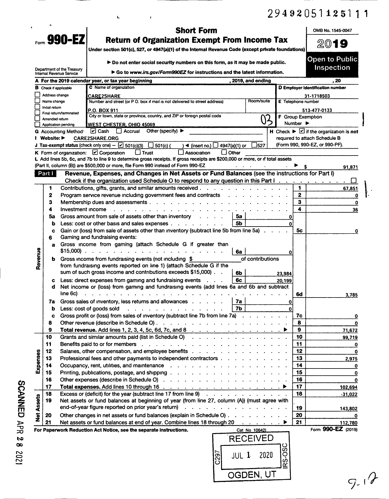 Image of first page of 2019 Form 990EZ for Care2Share