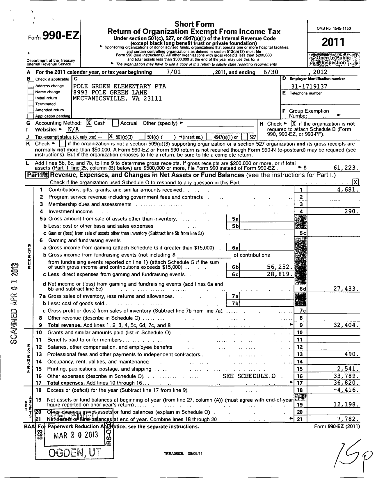 Image of first page of 2011 Form 990EZ for Virginia PTA - Pole Green Elementary School PTA