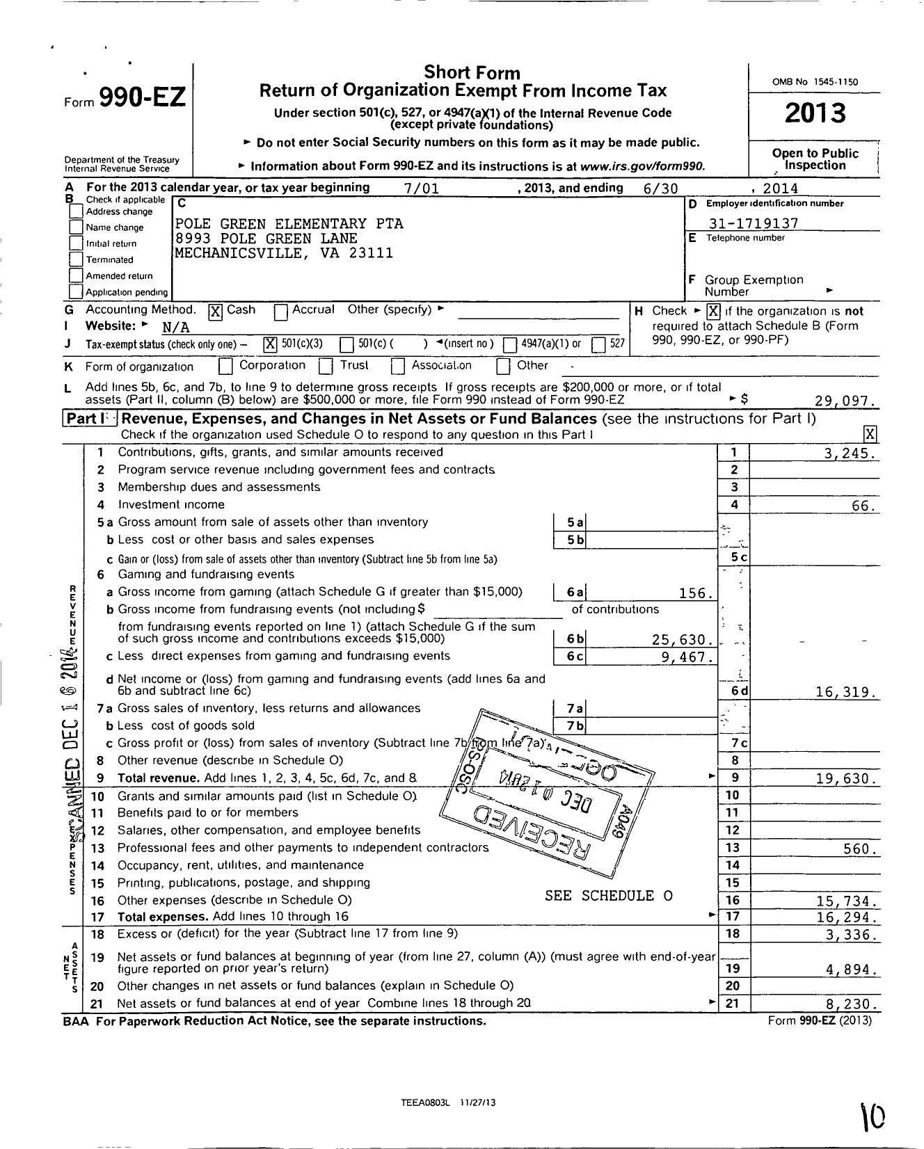 Image of first page of 2013 Form 990EZ for Virginia PTA - Pole Green Elementary School PTA