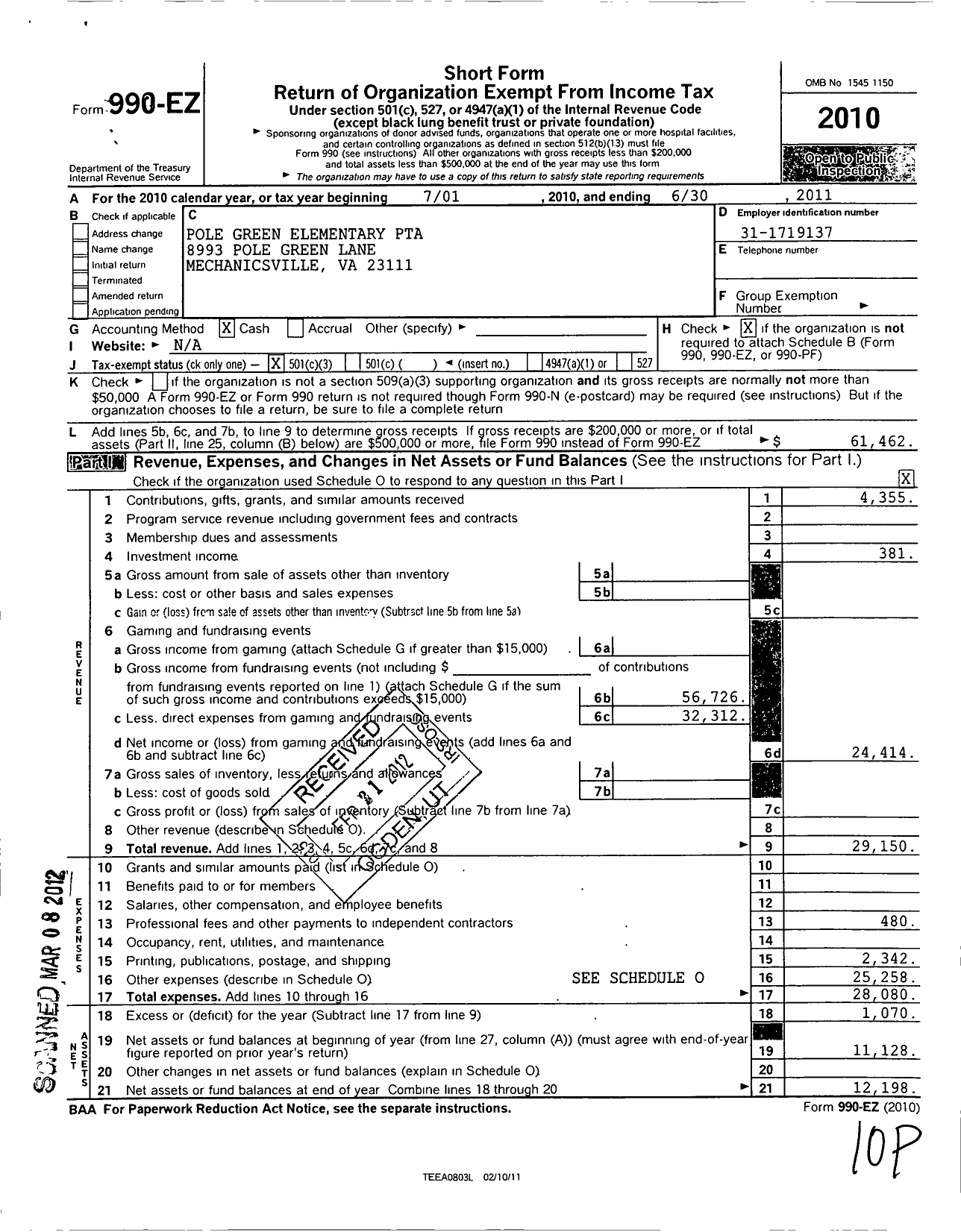 Image of first page of 2010 Form 990EZ for Virginia PTA - Pole Green Elementary School PTA