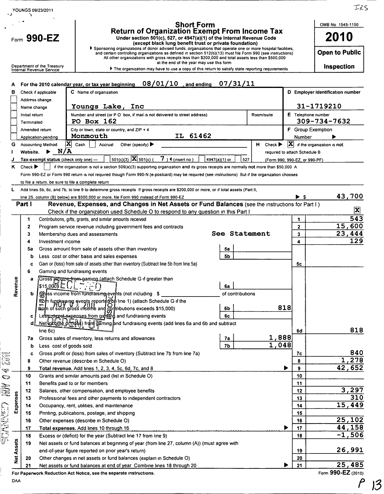 Image of first page of 2010 Form 990EO for Youngs Lake