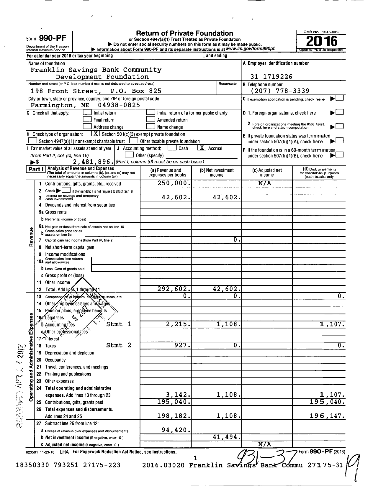 Image of first page of 2016 Form 990PF for Franklin Savings Bank Community Development Foundation