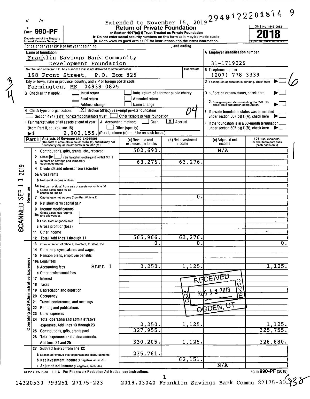 Image of first page of 2018 Form 990PF for Franklin Savings Bank Community Development Foundation