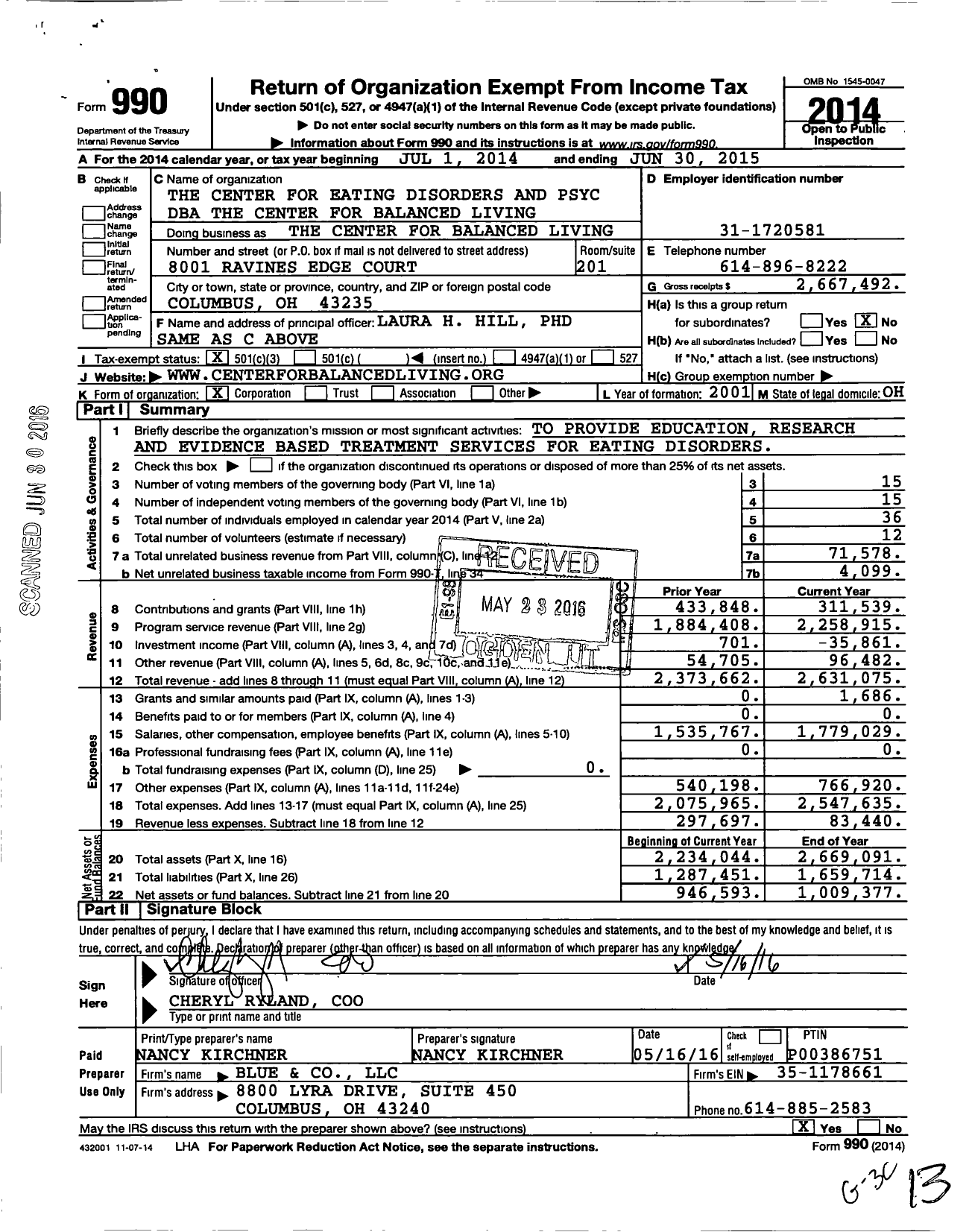 Image of first page of 2014 Form 990 for The Center for Balanced Living