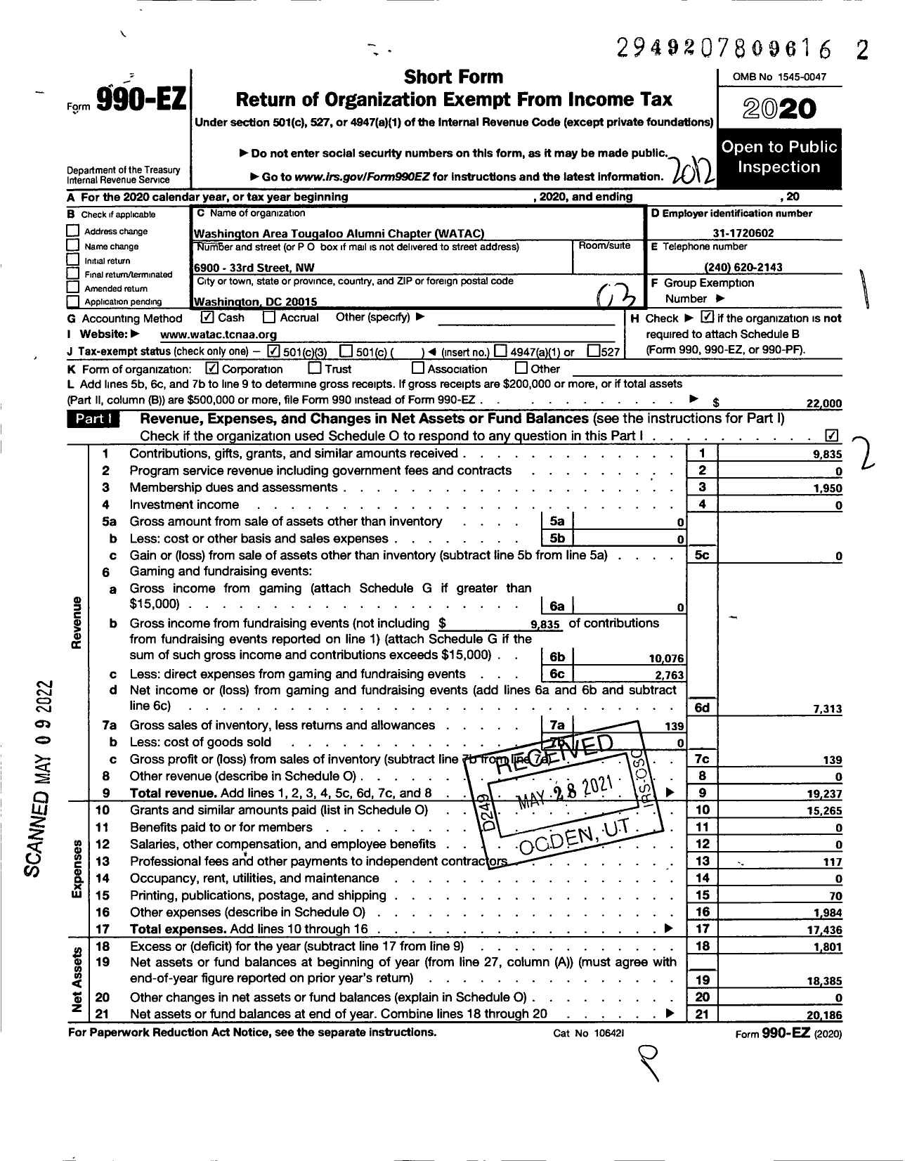 Image of first page of 2020 Form 990EZ for Washington Area Tougaloo Alumni Chapter