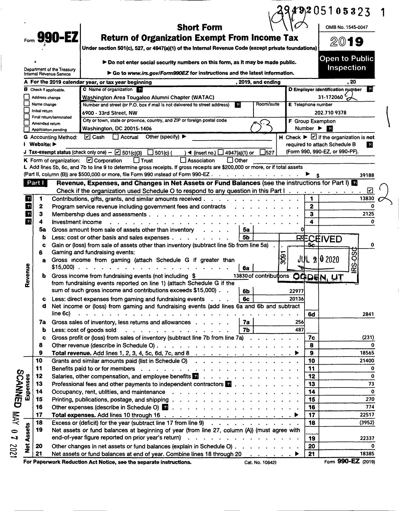 Image of first page of 2019 Form 990EZ for Washington Area Tougaloo Alumni Chapter