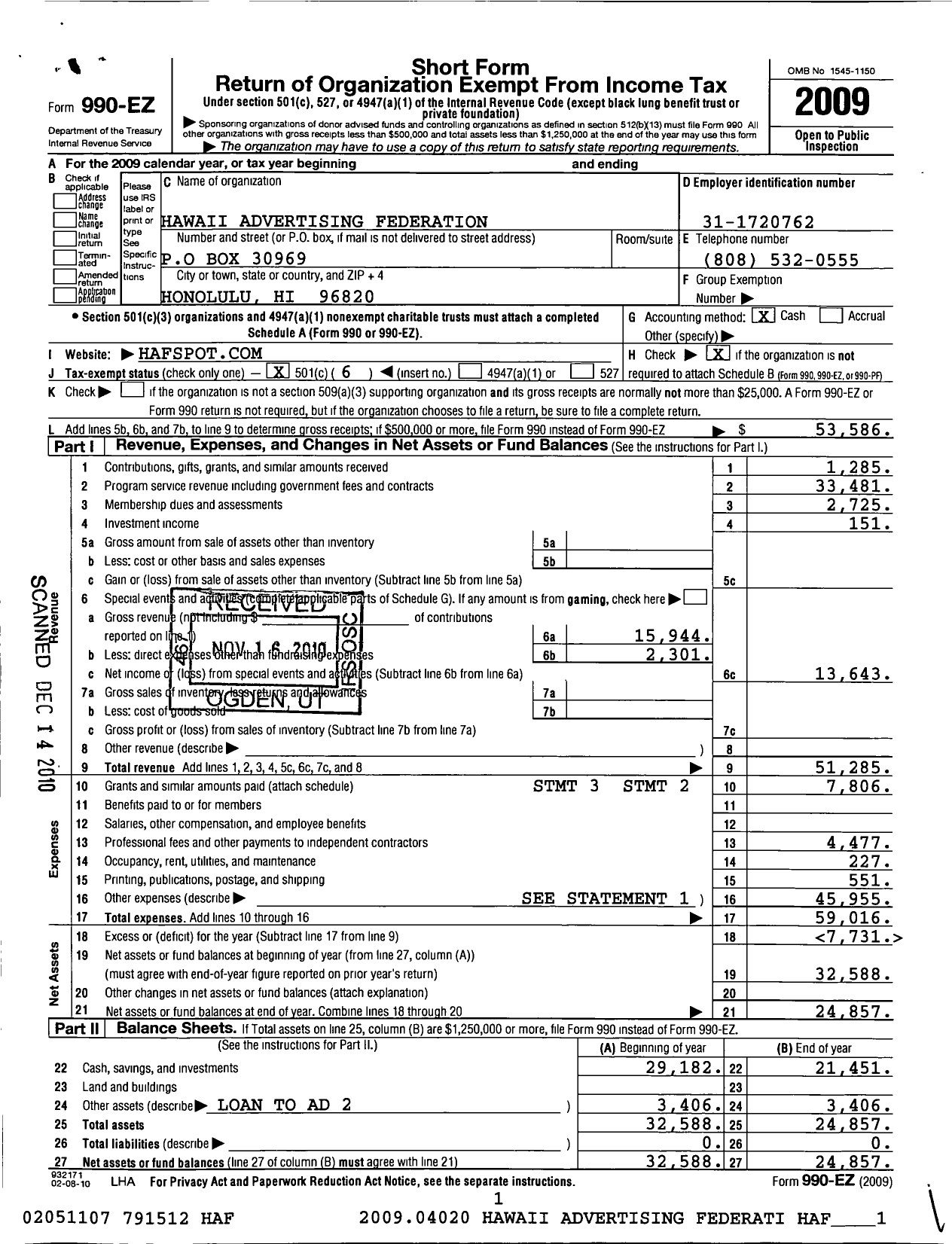 Image of first page of 2009 Form 990EO for Hawaii Advertising Federation