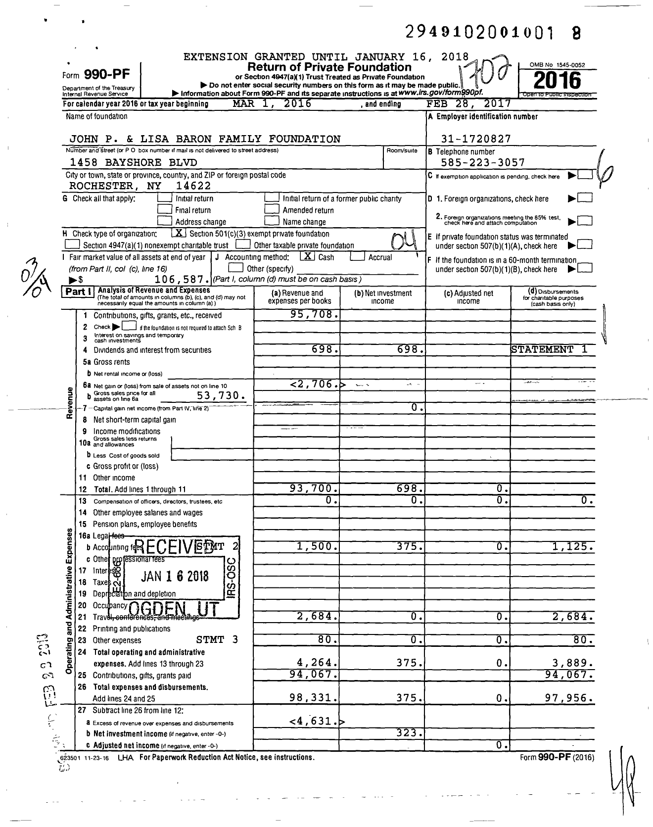 Image of first page of 2016 Form 990PF for John P and Lisa Baron Family Foundation