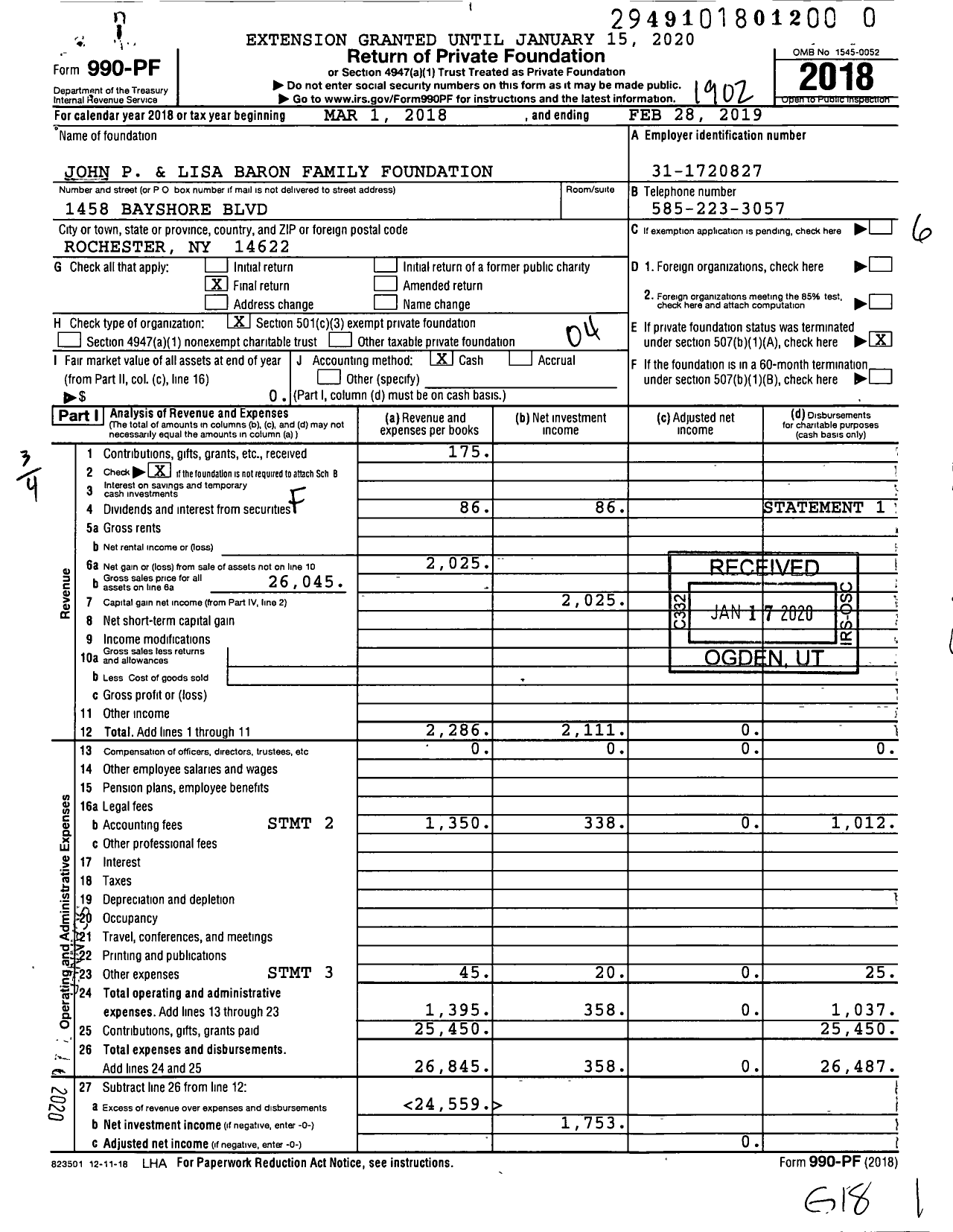 Image of first page of 2018 Form 990PR for John P and Lisa Baron Family Foundation