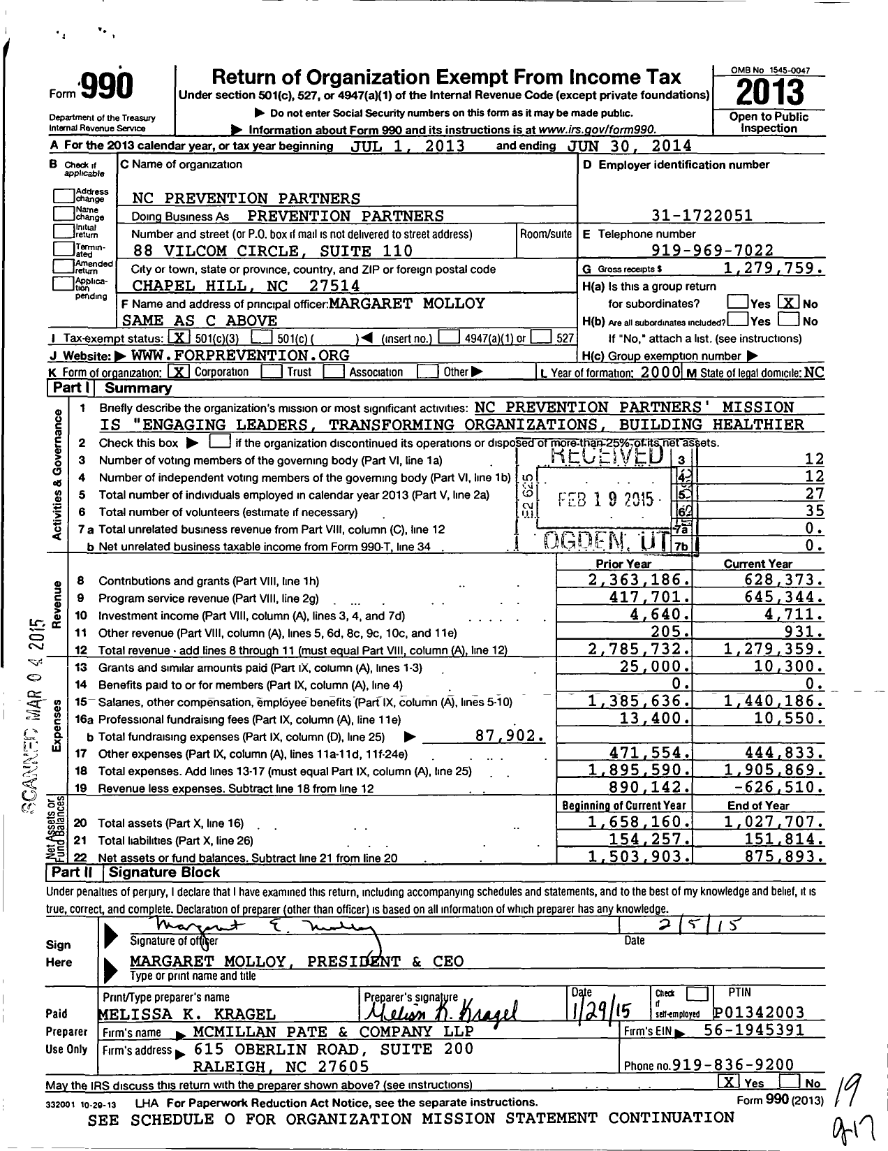 Image of first page of 2013 Form 990 for NC Prevention Partners