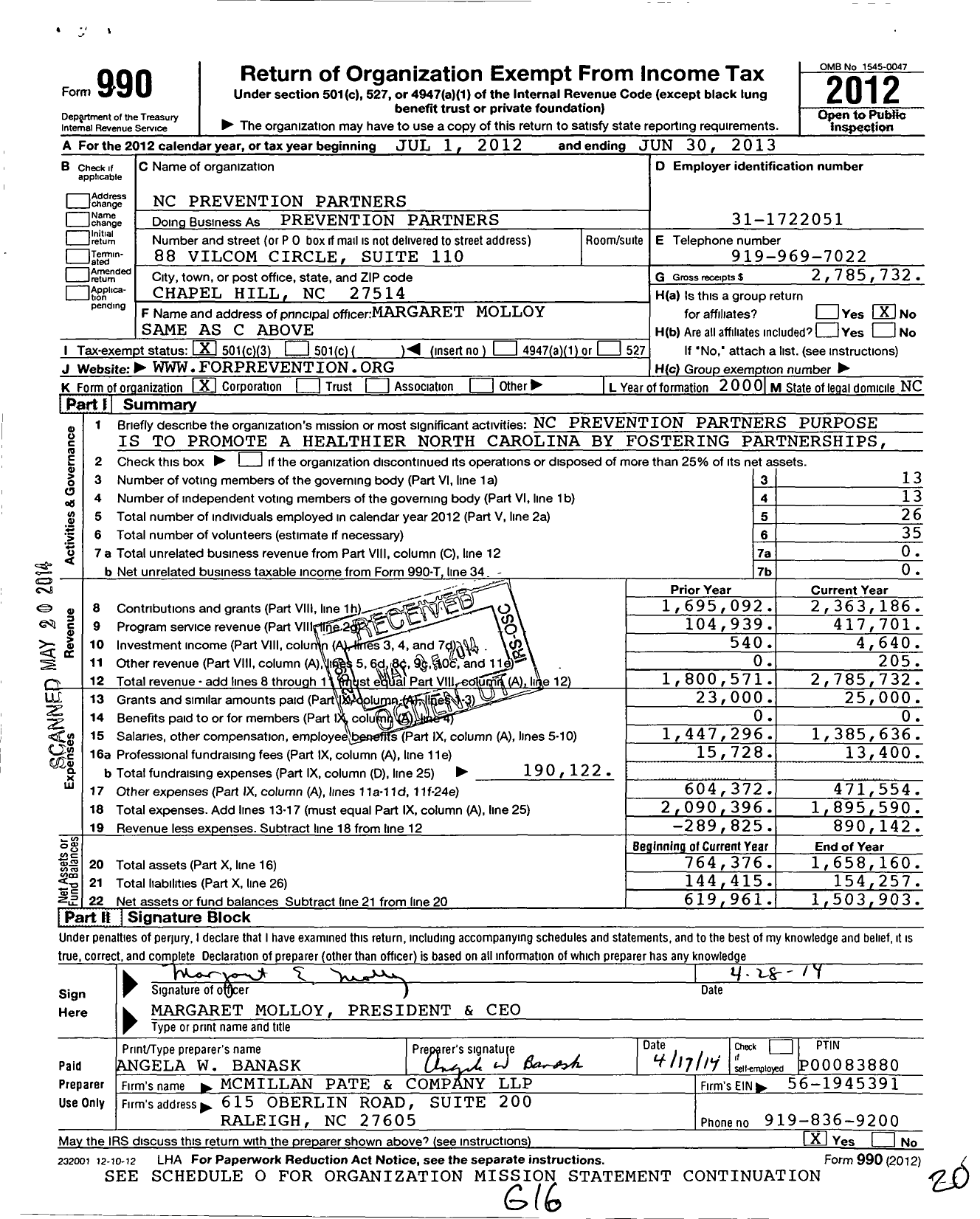 Image of first page of 2012 Form 990 for NC Prevention Partners