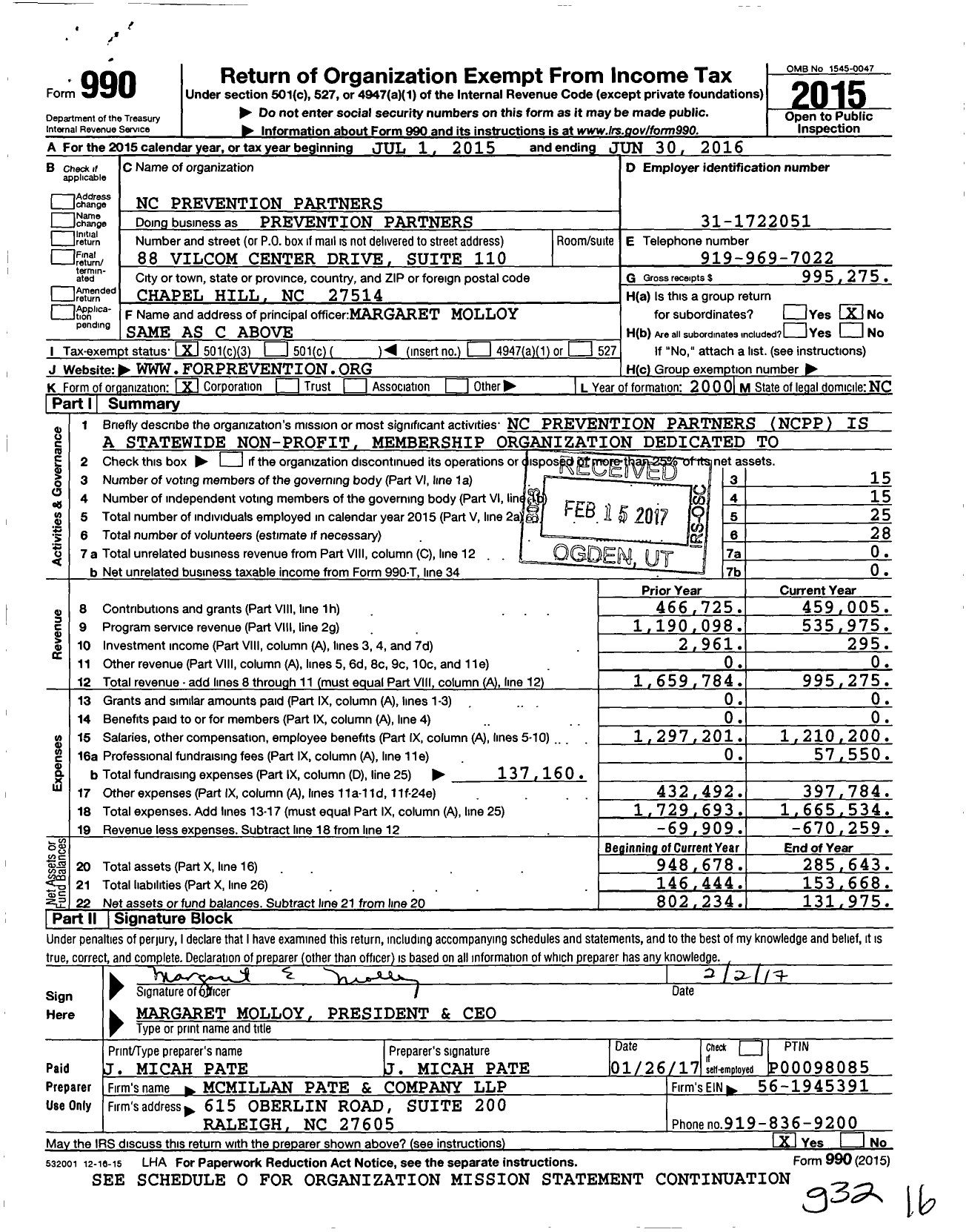 Image of first page of 2015 Form 990 for NC Prevention Partners