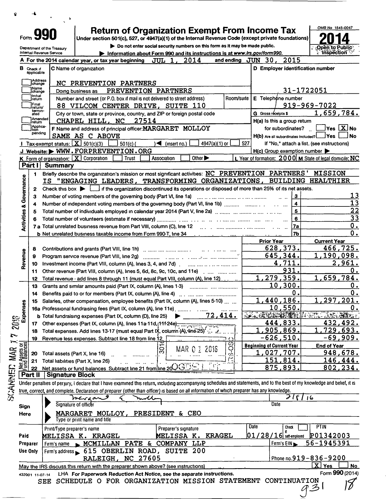 Image of first page of 2014 Form 990 for NC Prevention Partners