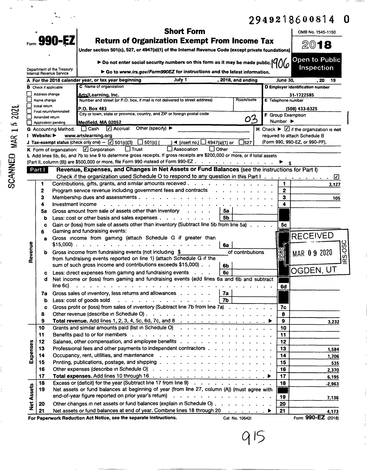 Image of first page of 2018 Form 990EZ for Arts Learning