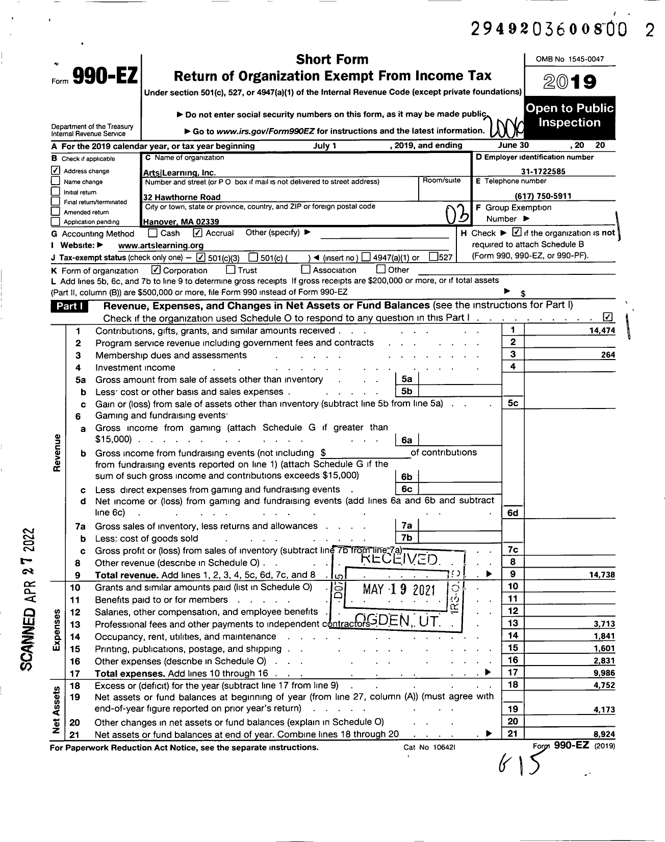 Image of first page of 2019 Form 990EZ for Arts Learning