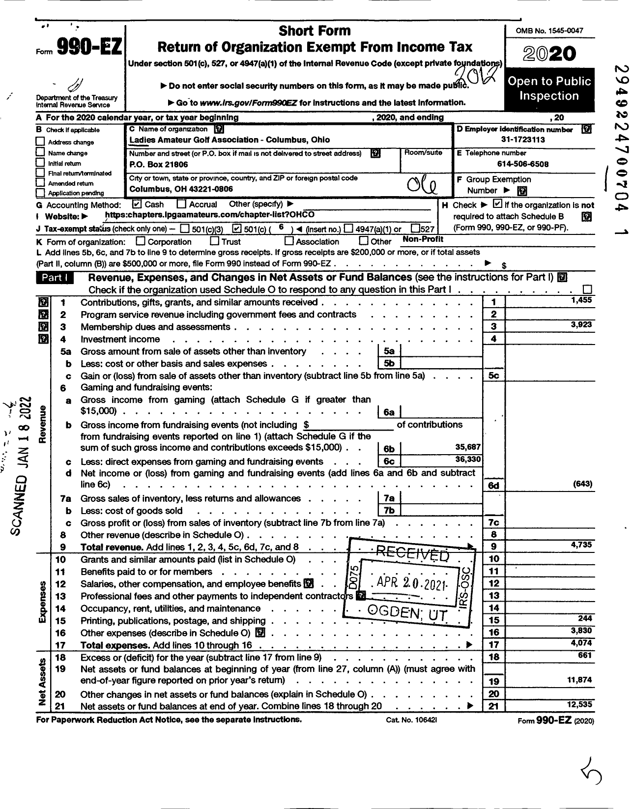 Image of first page of 2020 Form 990EO for Executive Womens Golf Association / Columbus Chapter