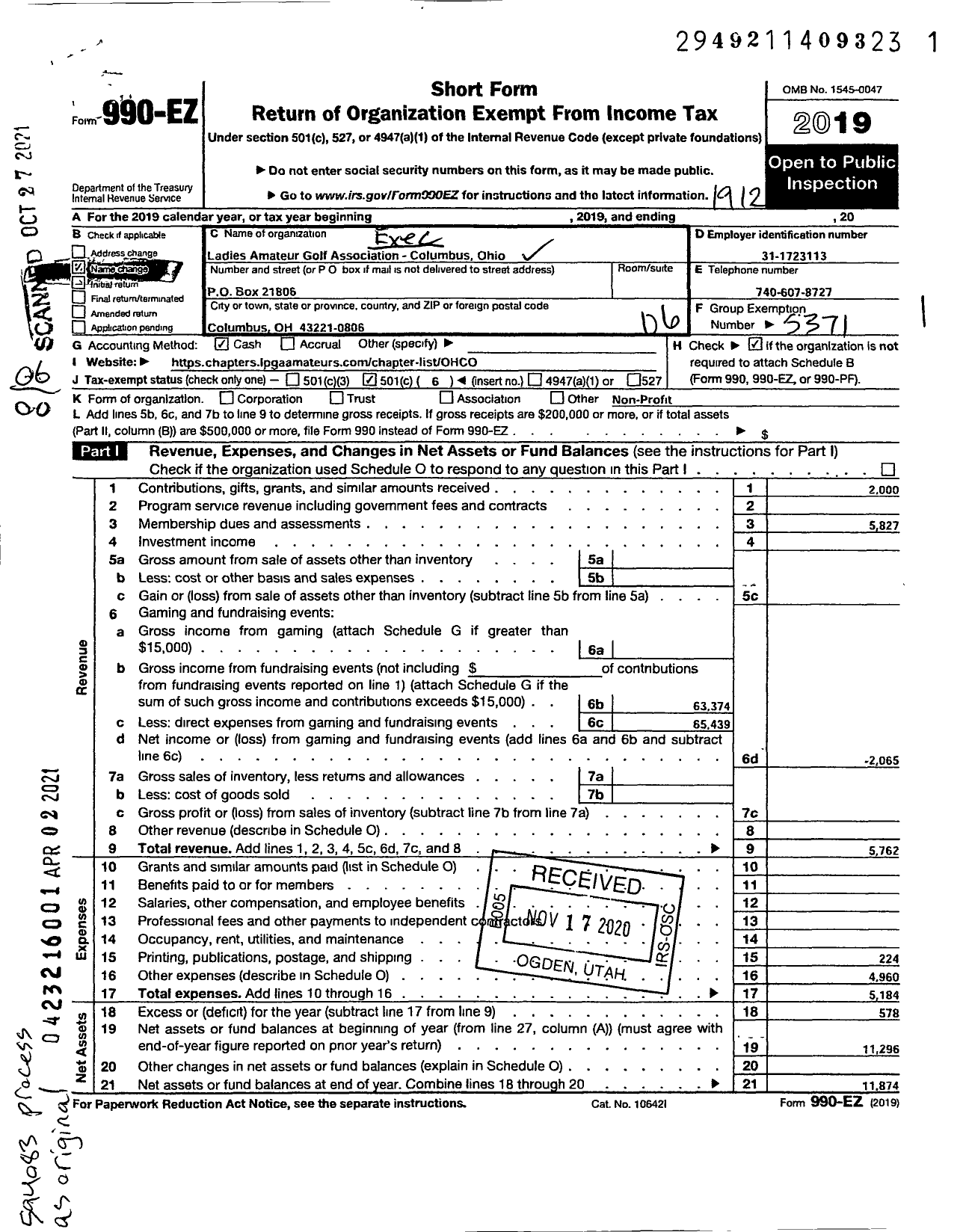 Image of first page of 2019 Form 990EO for Executive Womens Golf Association / Columbus Chapter