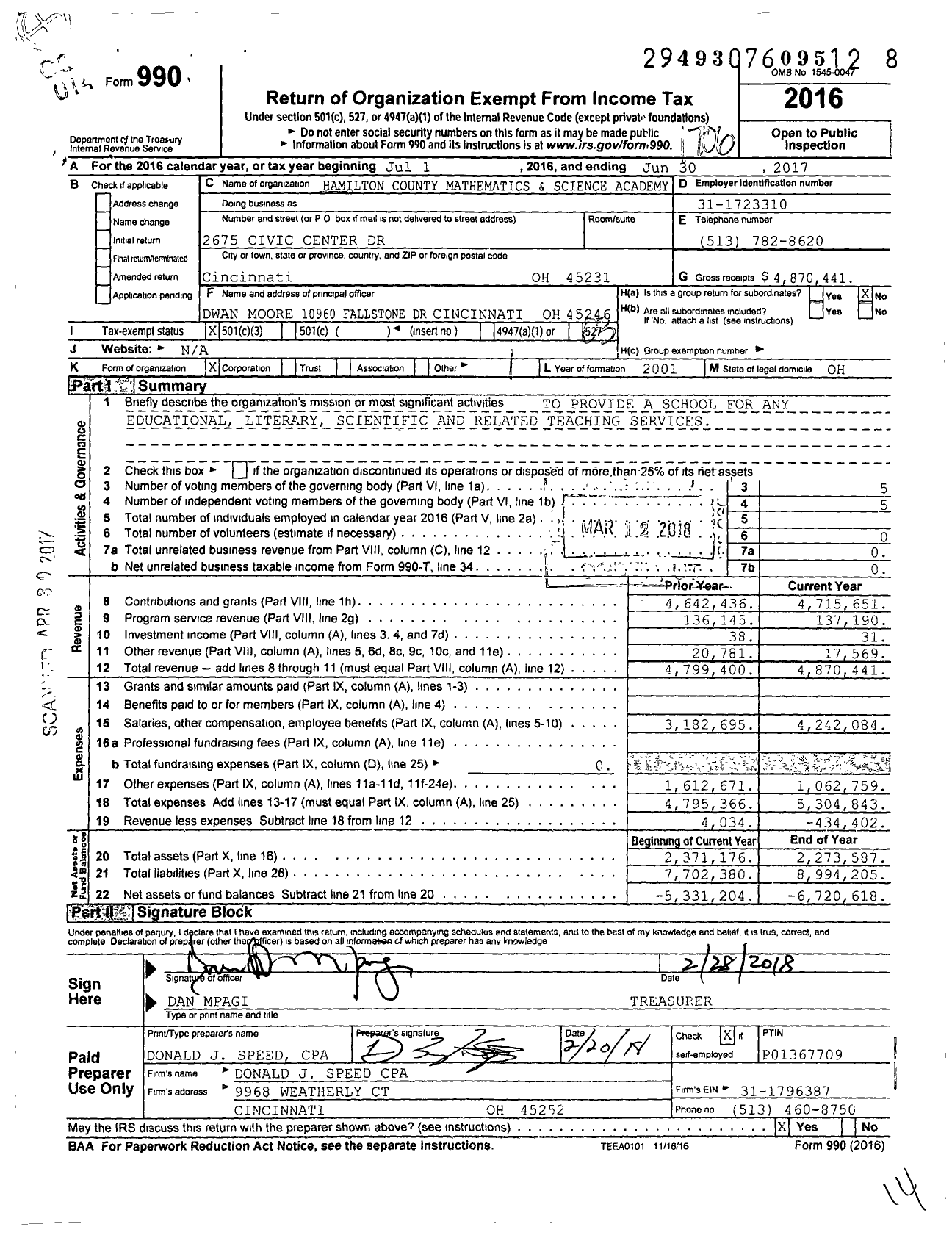 Image of first page of 2016 Form 990 for Hamilton County Mathematics and Science Academy