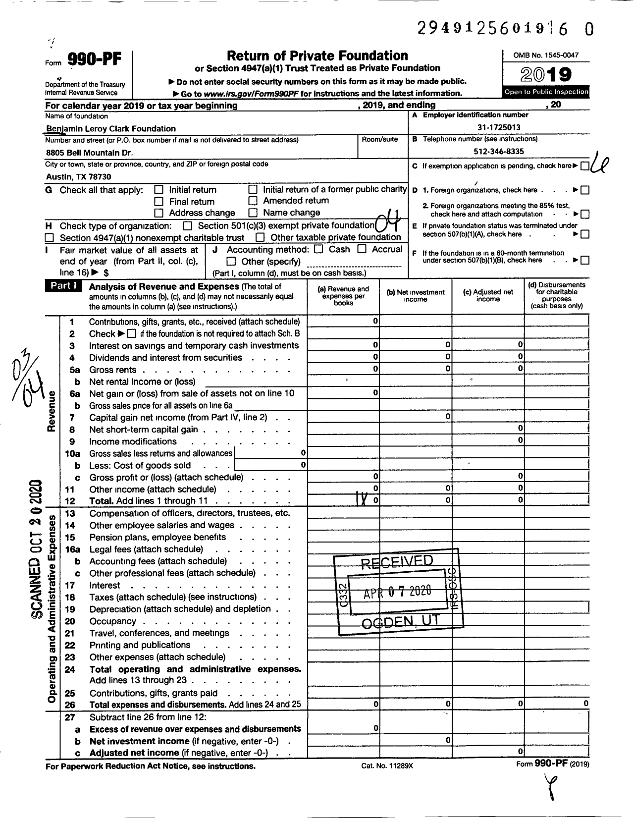 Image of first page of 2019 Form 990PR for Benjamin Leroy Clark Foundation