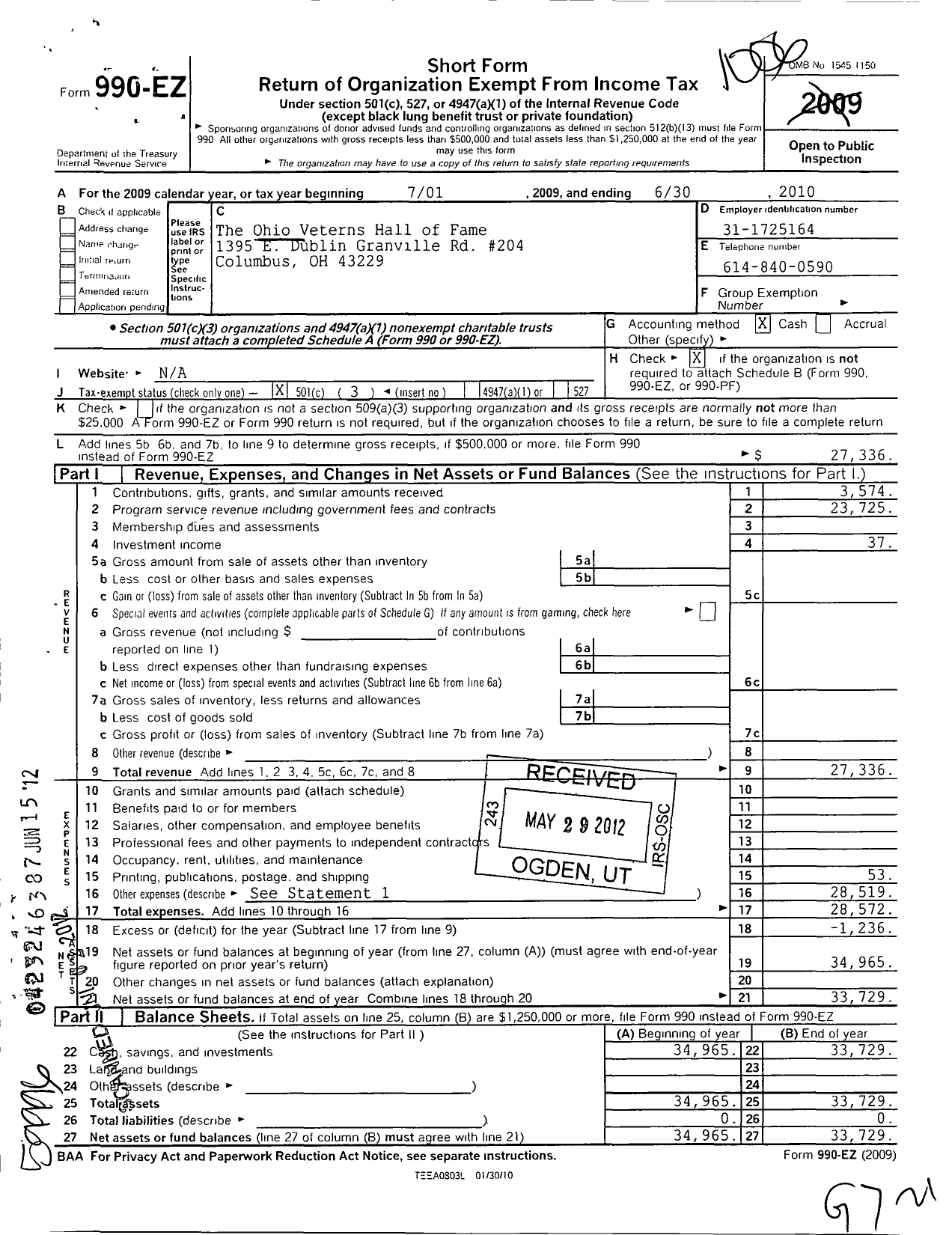 Image of first page of 2009 Form 990EZ for Ohio Veterans Hall of Fame