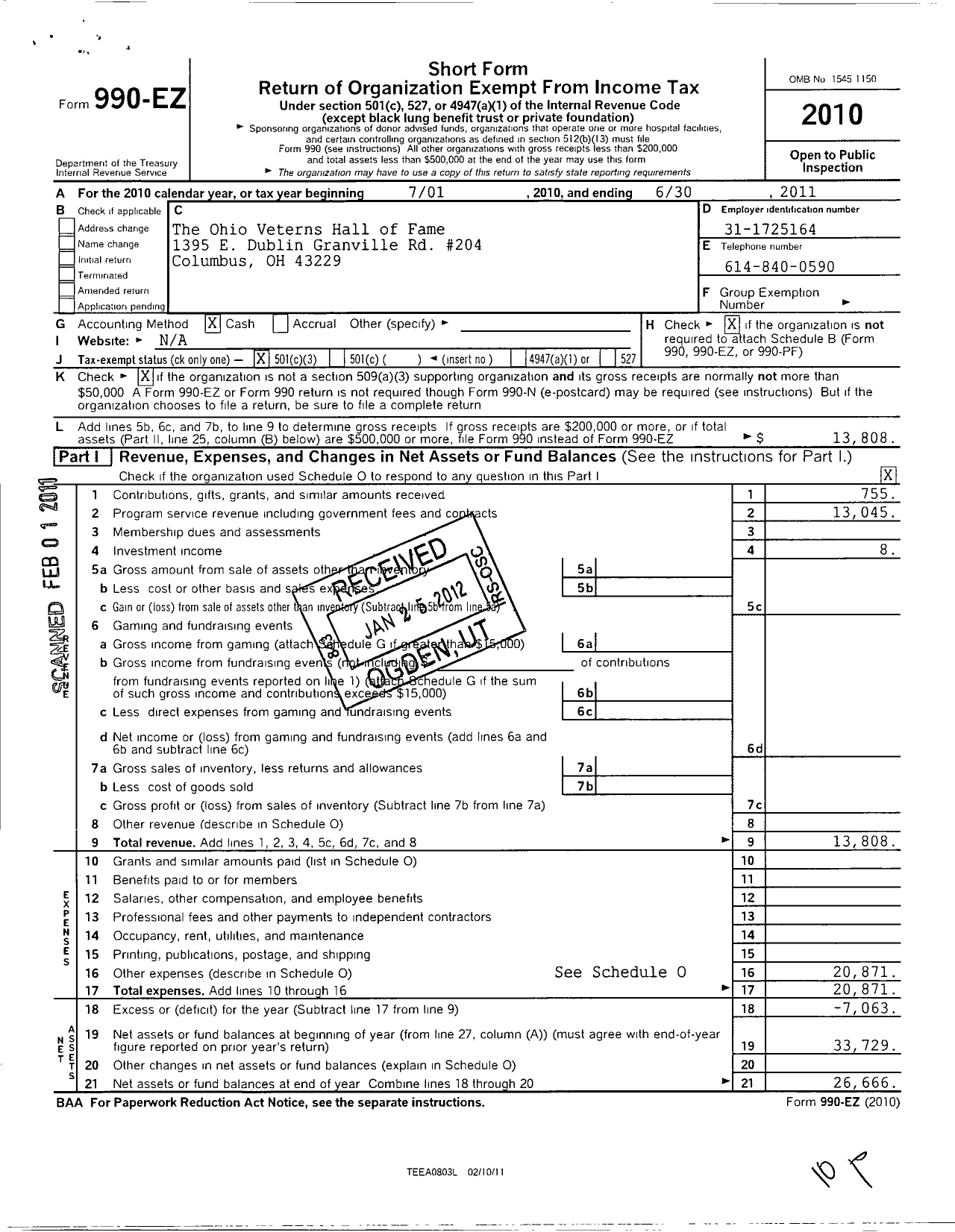 Image of first page of 2010 Form 990EZ for Ohio Veterans Hall of Fame