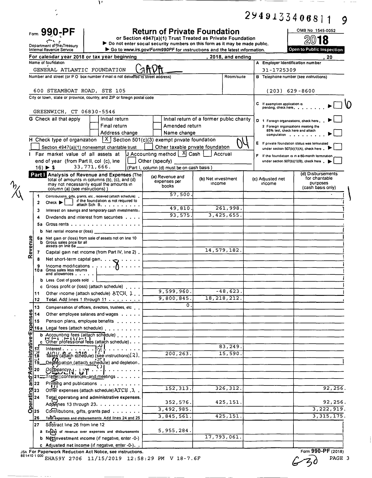 Image of first page of 2018 Form 990PF for General Atlantic Foundation