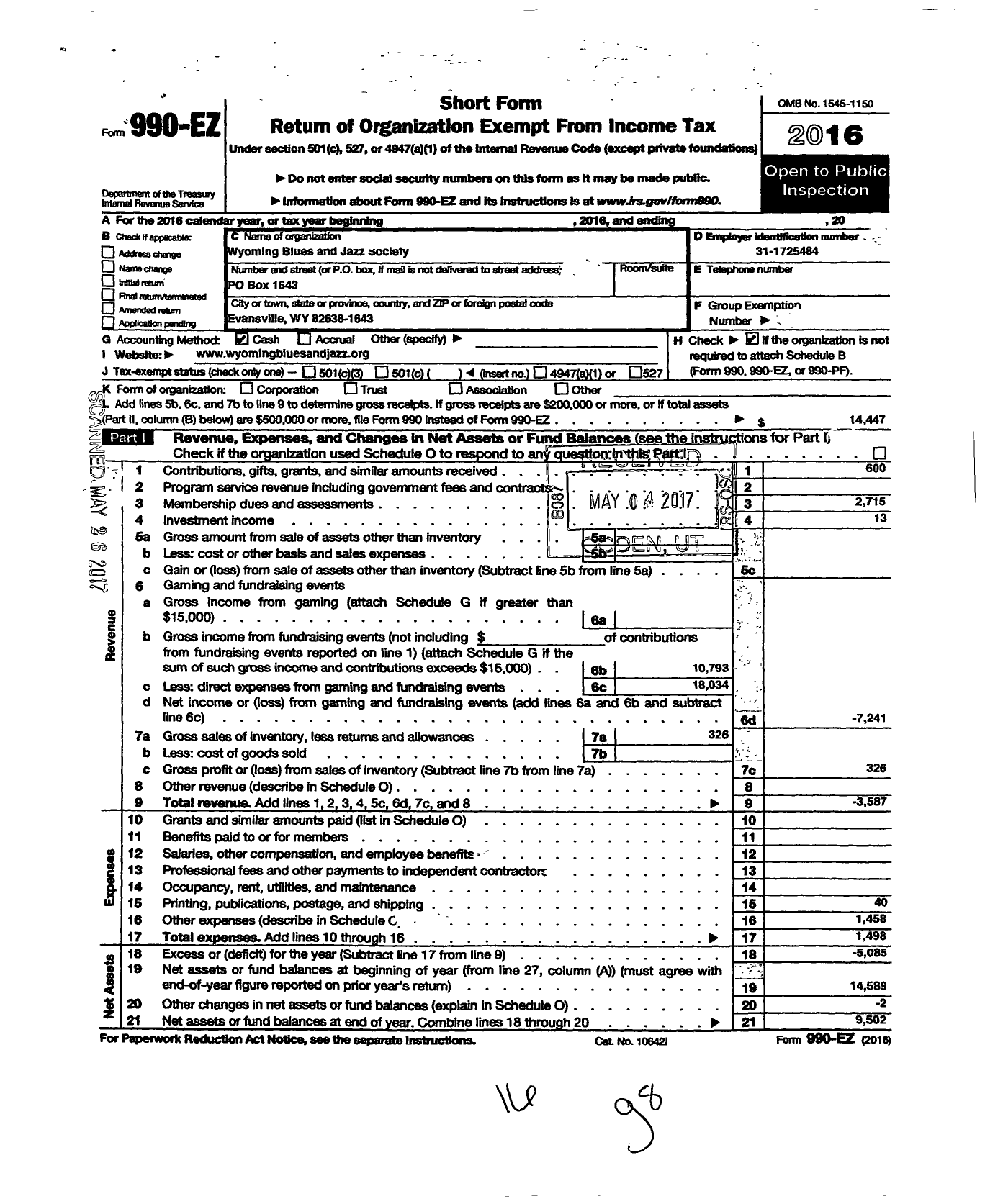 Image of first page of 2016 Form 990EO for Wyoming Blues and Jazz Society