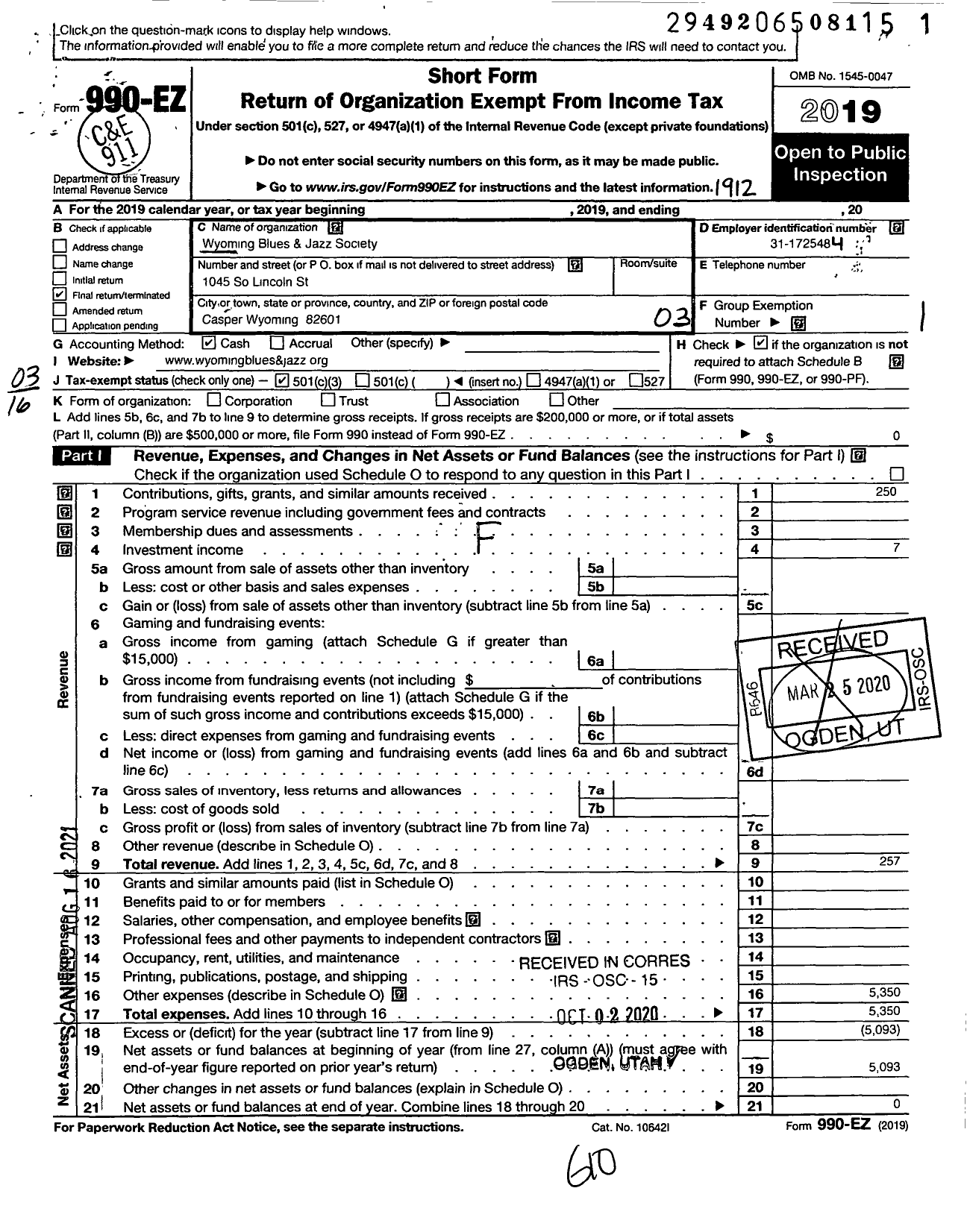 Image of first page of 2019 Form 990EZ for Wyoming Blues and Jazz Society