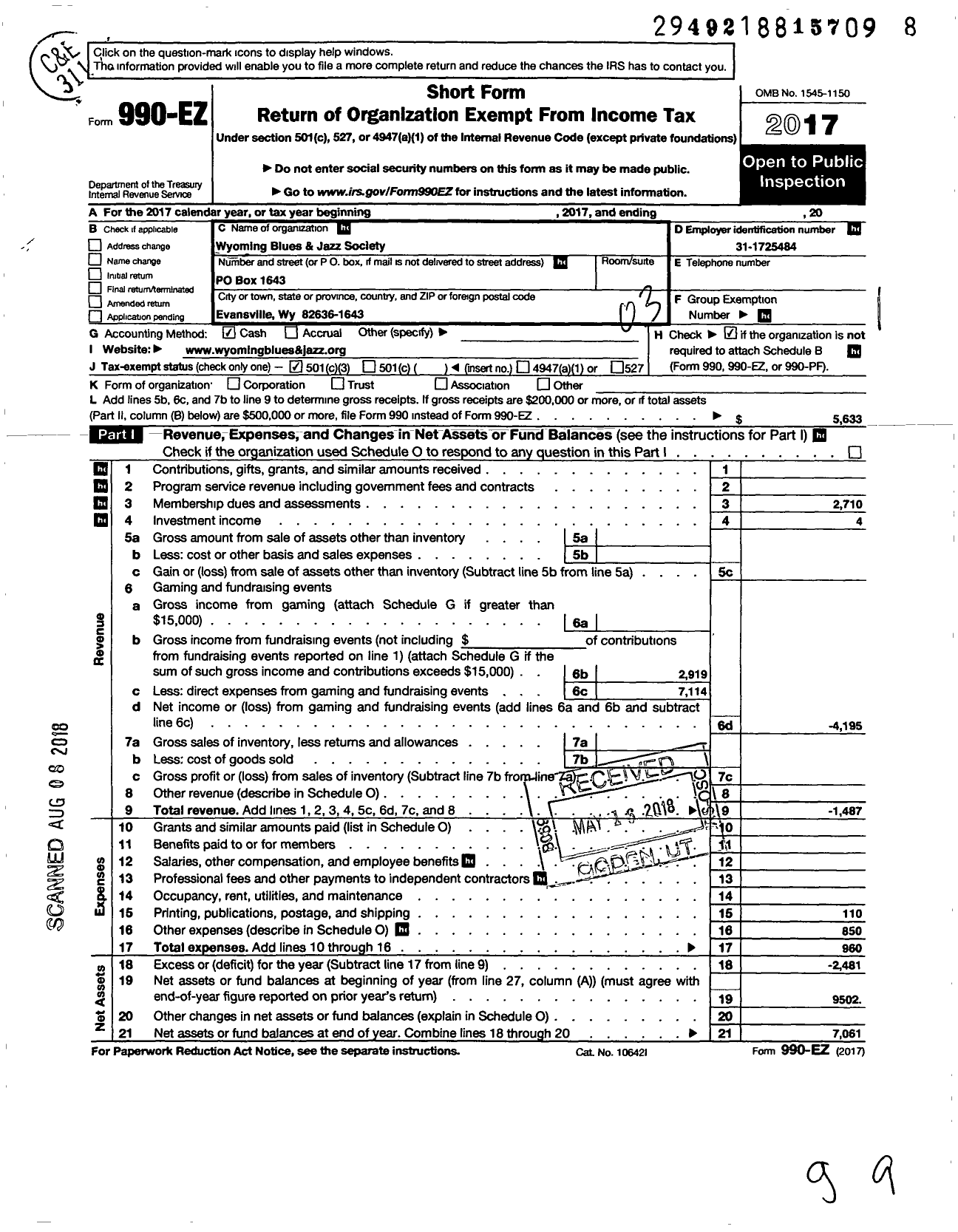 Image of first page of 2017 Form 990EZ for Wyoming Blues and Jazz Society