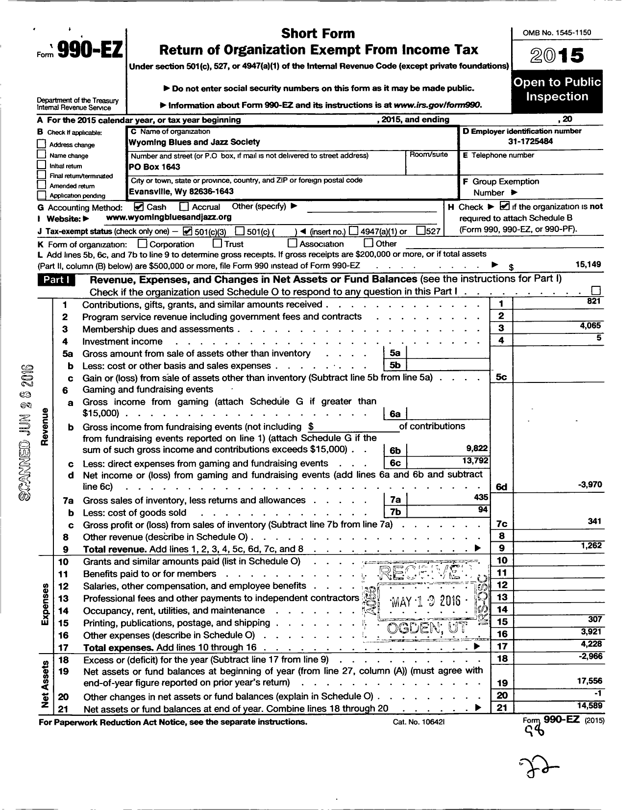 Image of first page of 2015 Form 990EZ for Wyoming Blues and Jazz Society