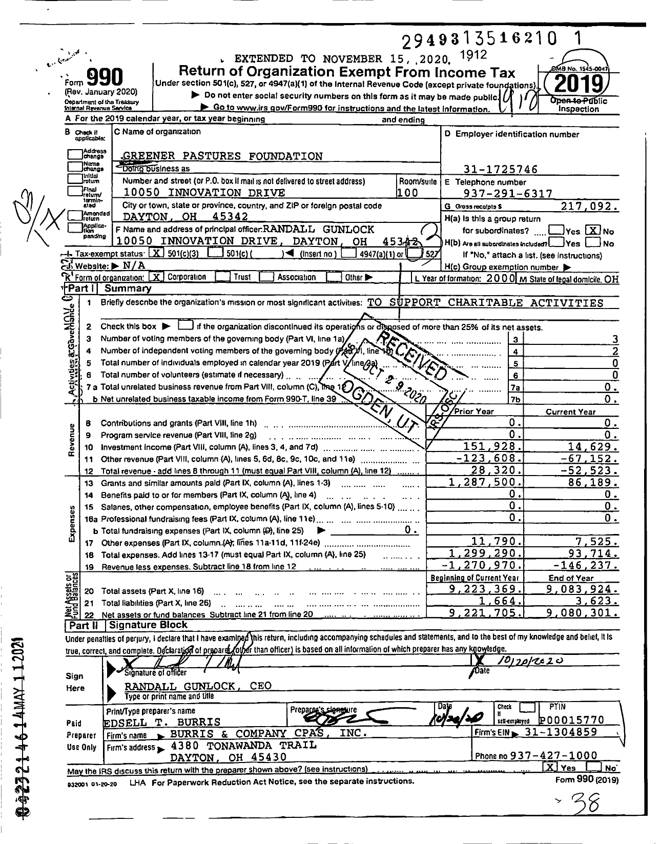 Image of first page of 2019 Form 990 for Greener Pastures Foundation