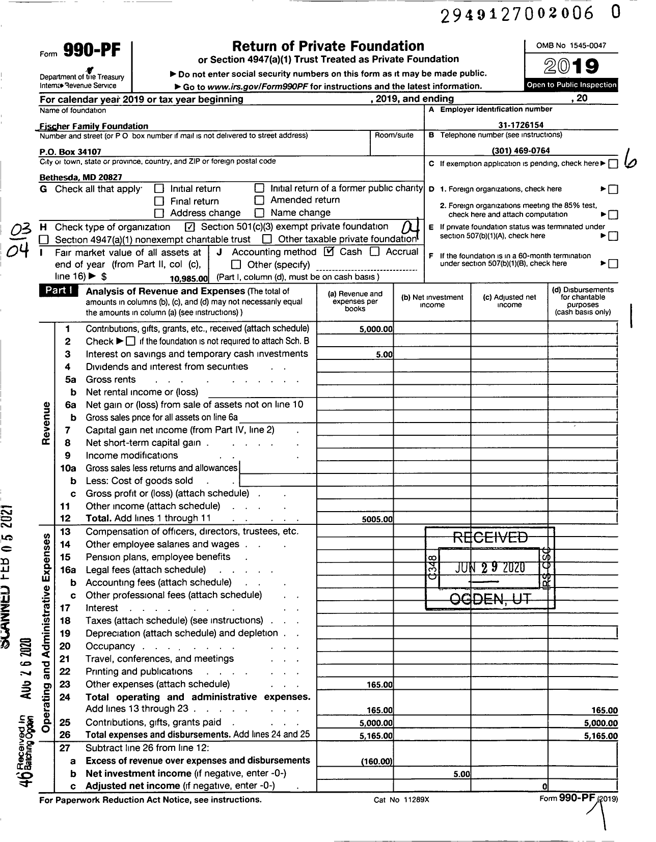 Image of first page of 2019 Form 990PF for Fischer Family Foundation