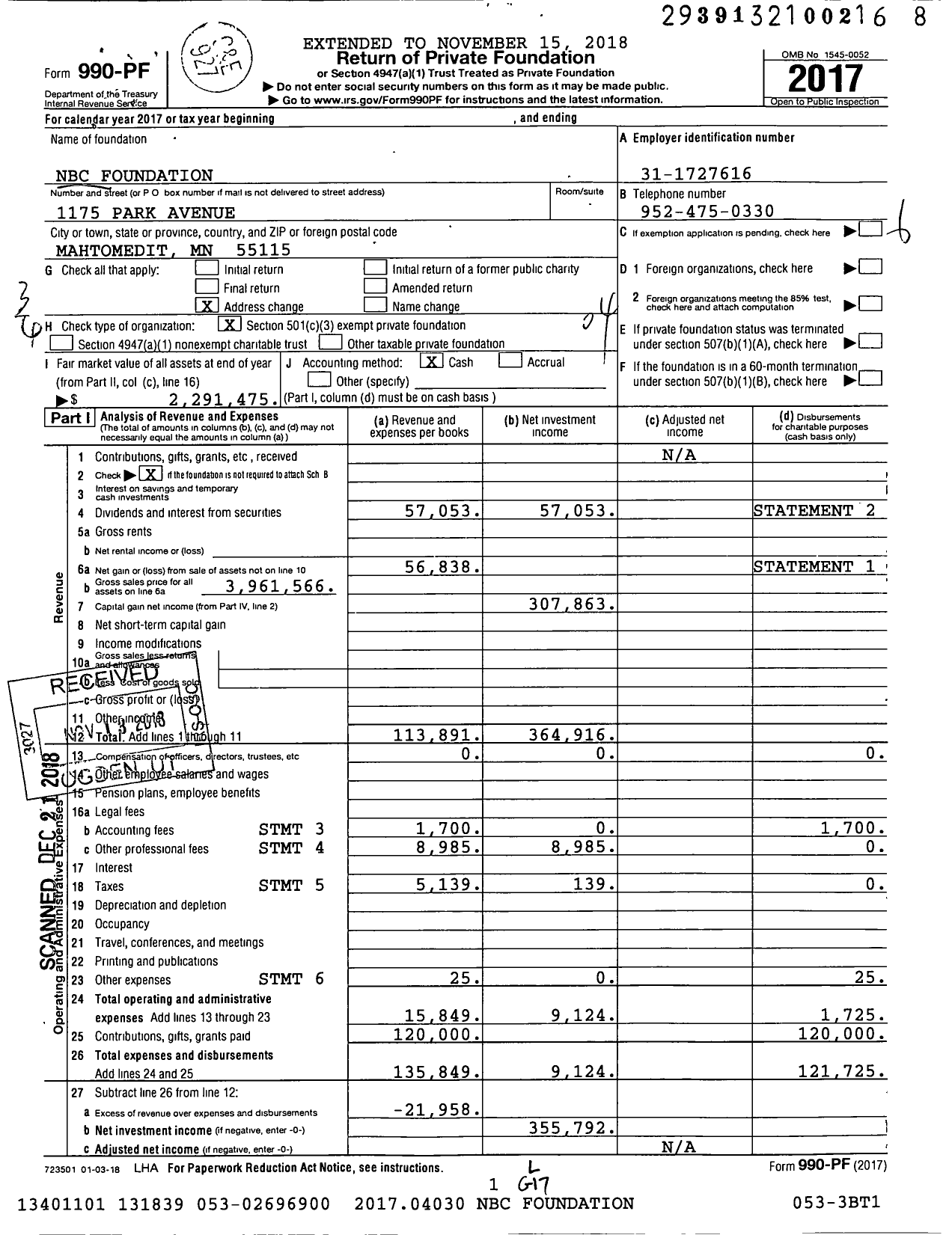 Image of first page of 2017 Form 990PF for NBC Foundation