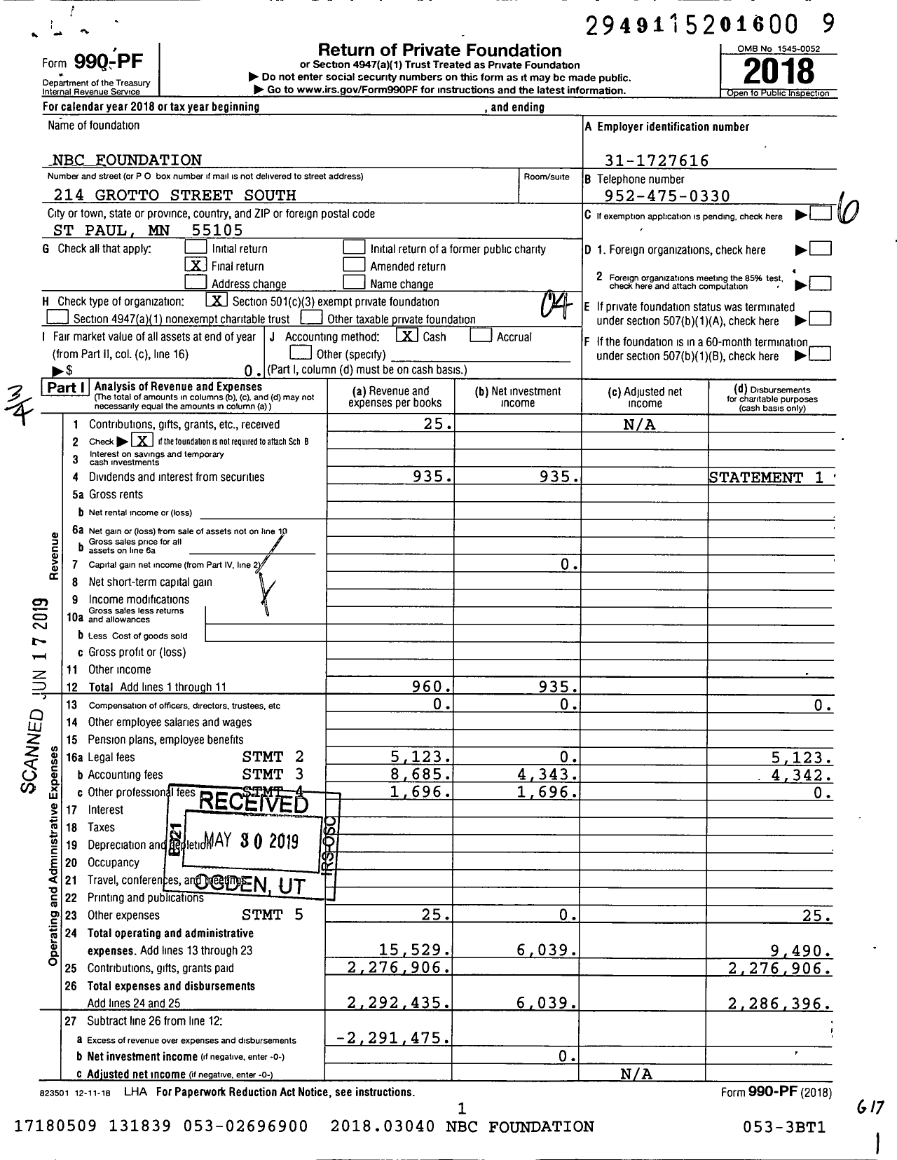 Image of first page of 2018 Form 990PF for NBC Foundation