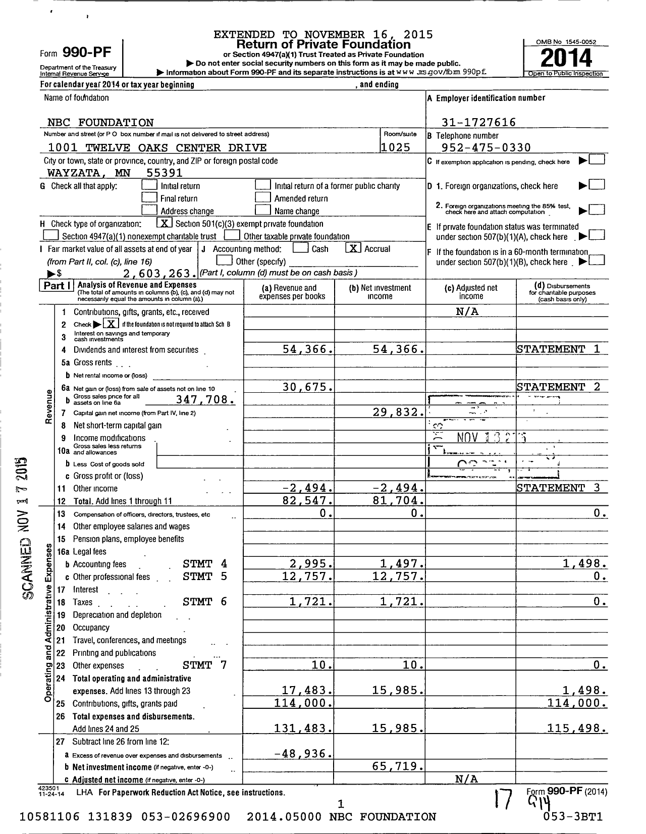 Image of first page of 2014 Form 990PF for NBC Foundation