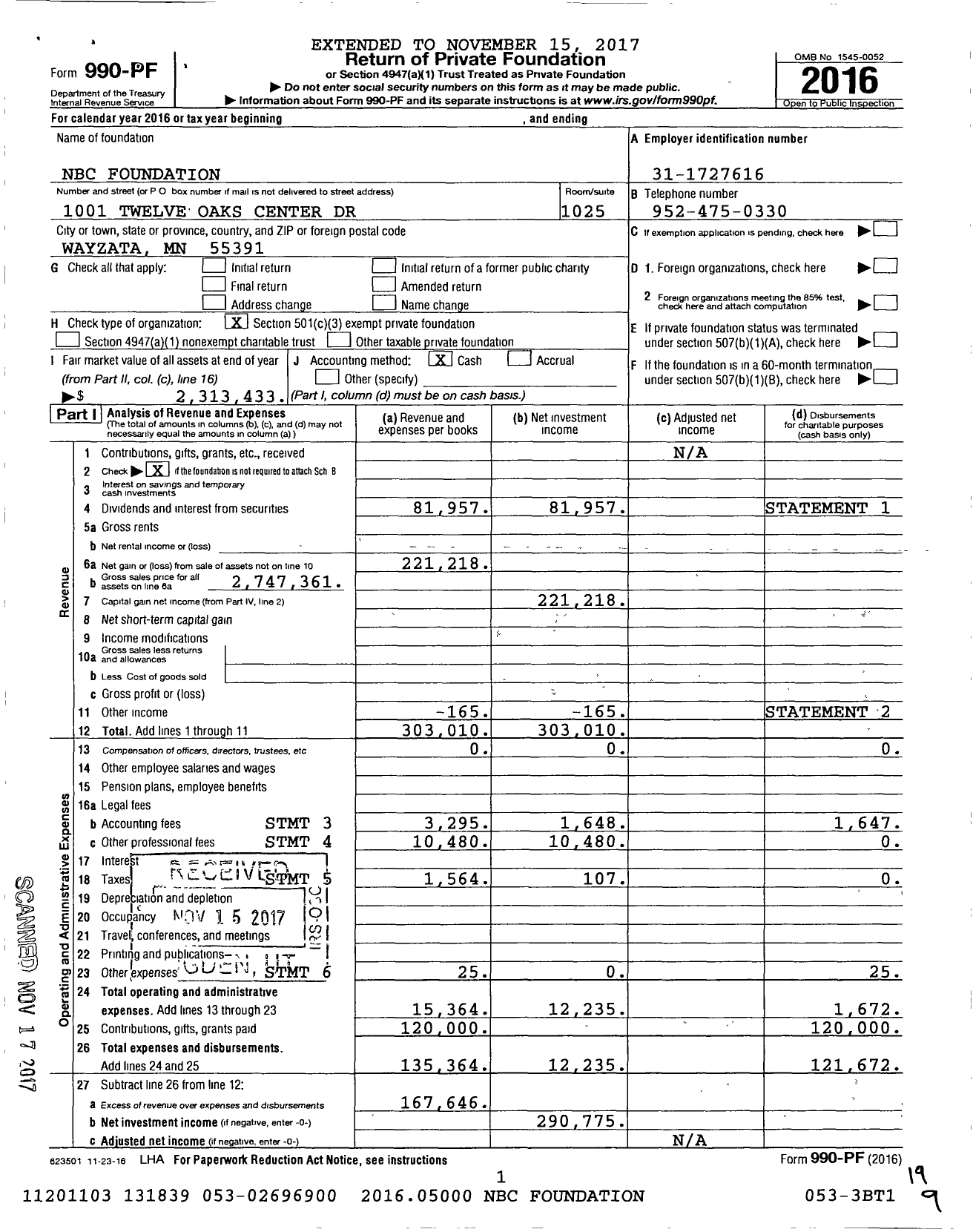 Image of first page of 2016 Form 990PF for NBC Foundation