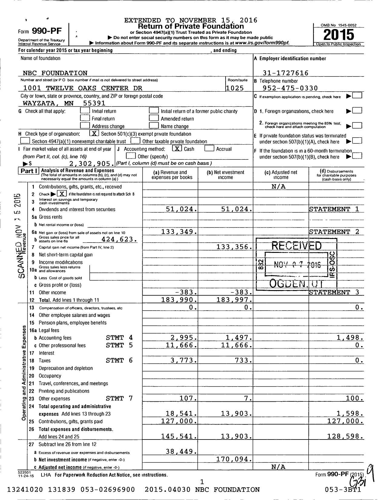 Image of first page of 2015 Form 990PF for NBC Foundation