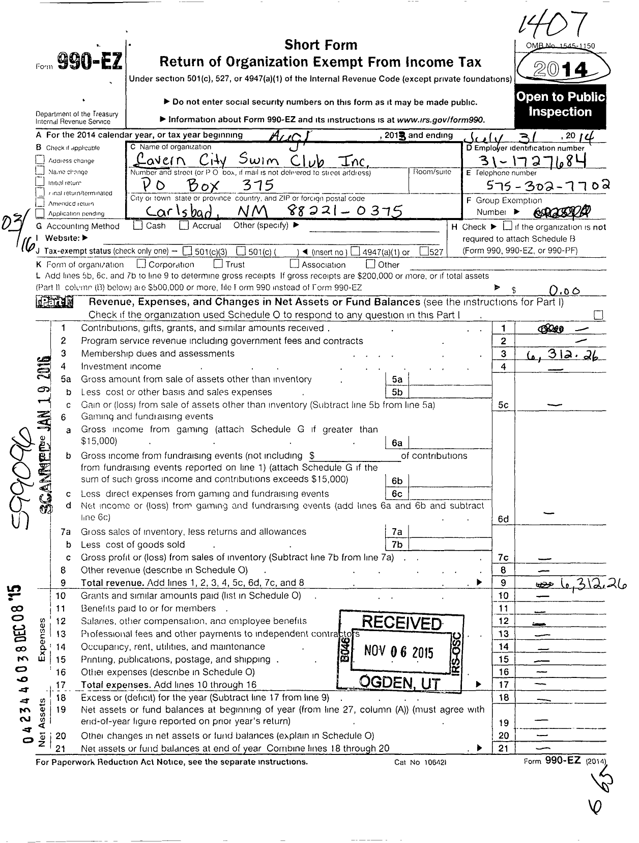 Image of first page of 2013 Form 990EO for Cavern City Swim Club