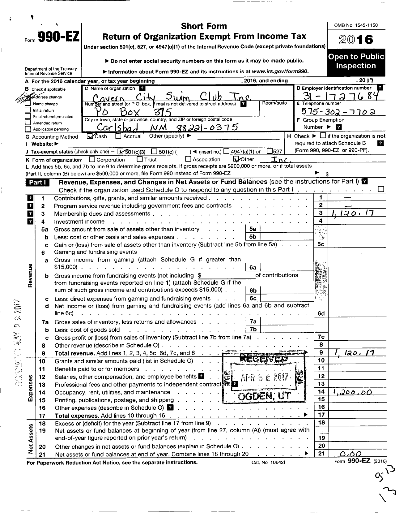 Image of first page of 2016 Form 990EZ for Cavern City Swim Club