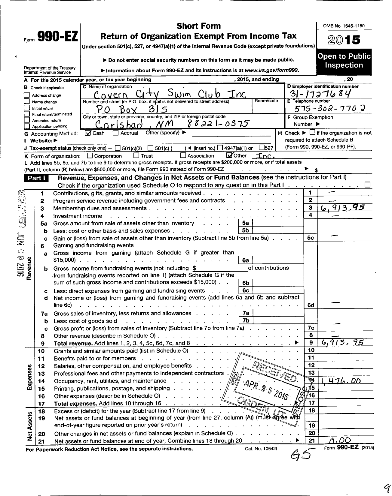 Image of first page of 2015 Form 990EO for Cavern City Swim Club