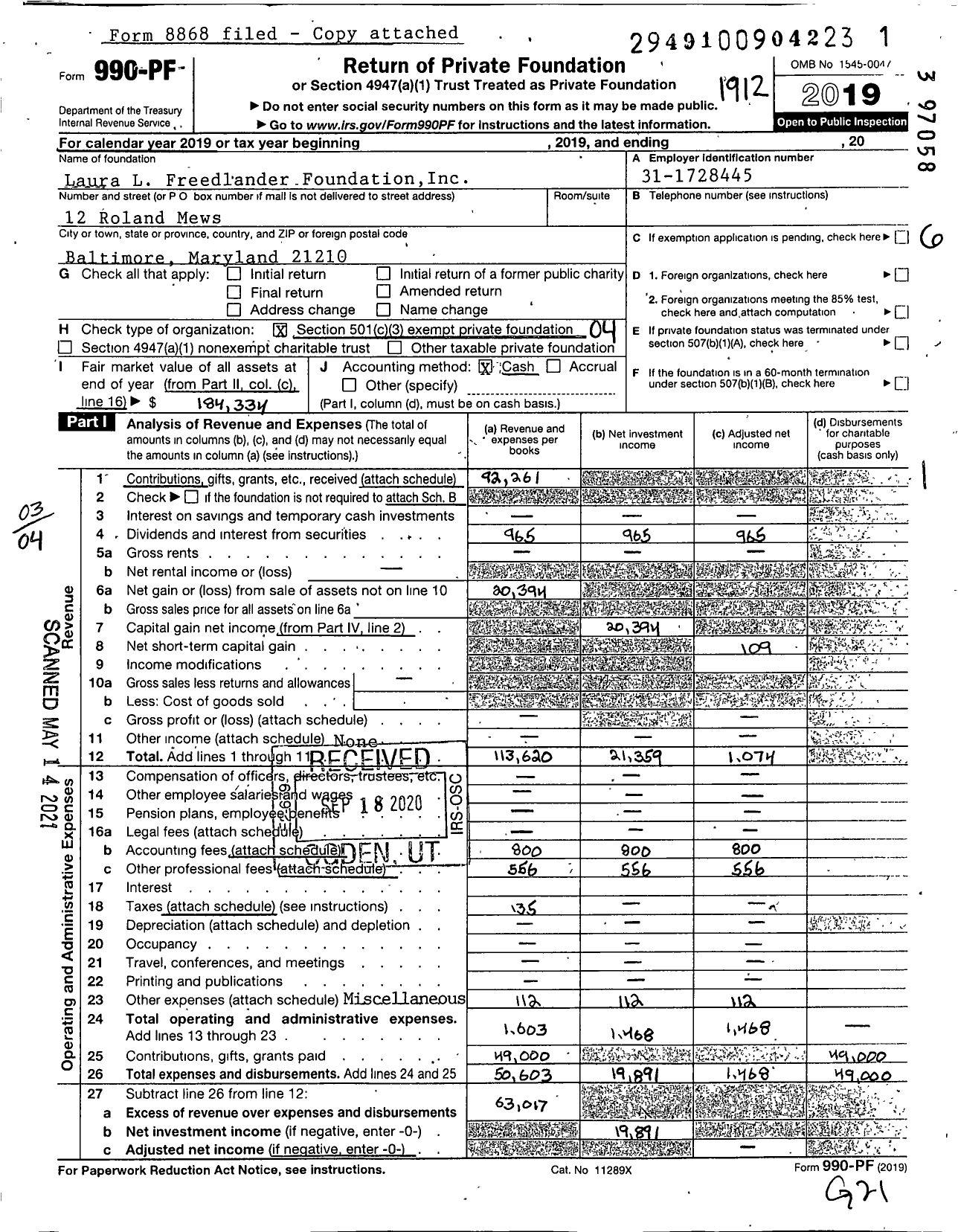 Image of first page of 2019 Form 990PF for Laura L Freedlander Foundation