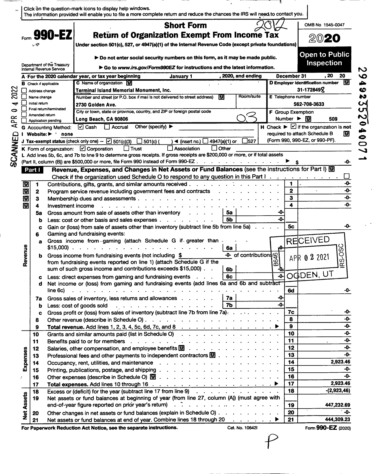 Image of first page of 2020 Form 990EZ for Terminal Island Memorial Monument