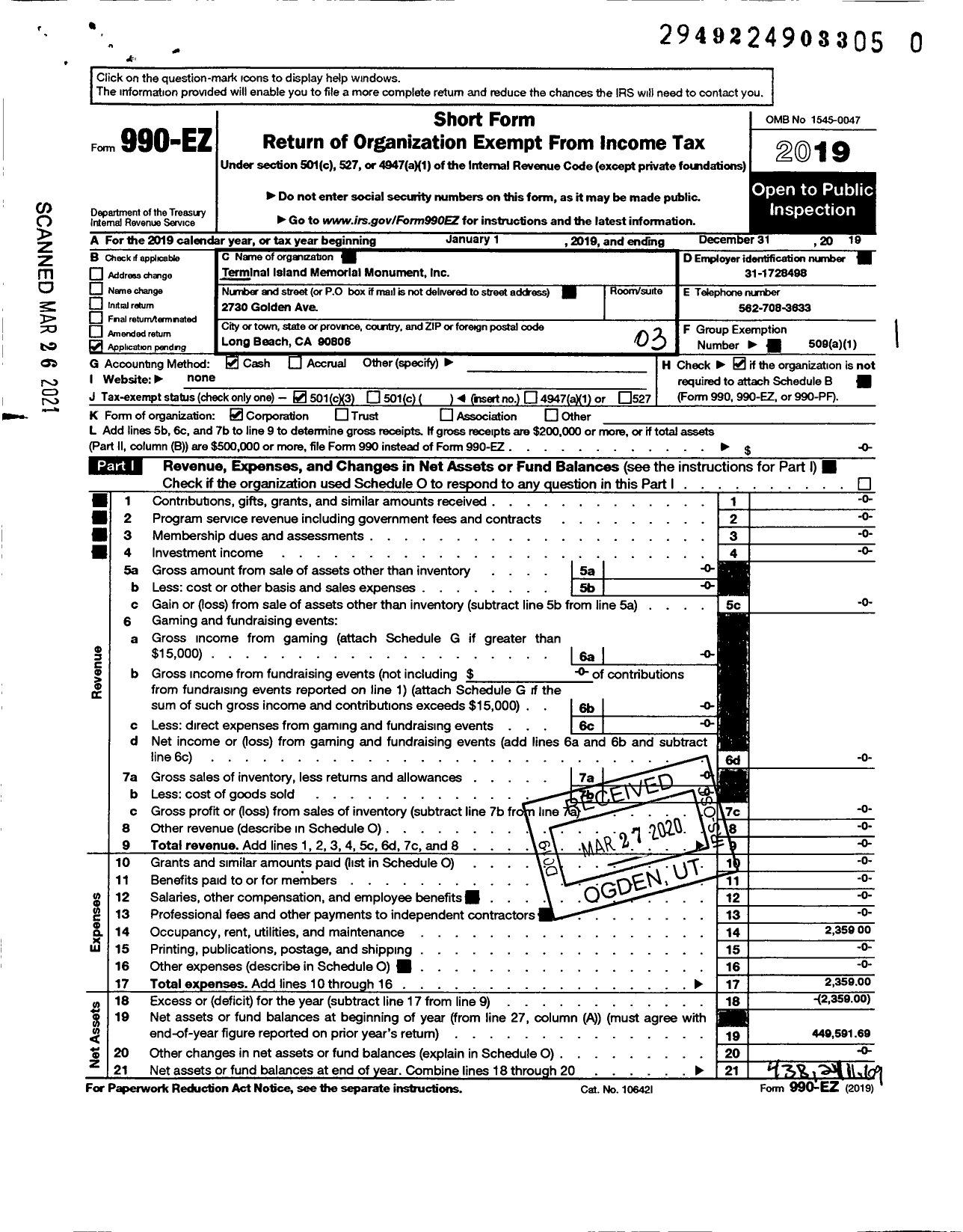 Image of first page of 2019 Form 990EZ for Terminal Island Memorial Monument