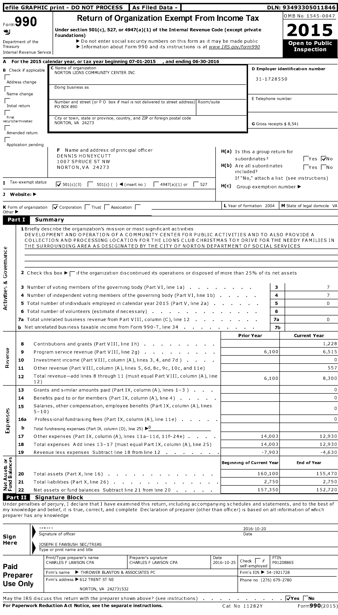 Image of first page of 2015 Form 990 for Norton Lions Community Center