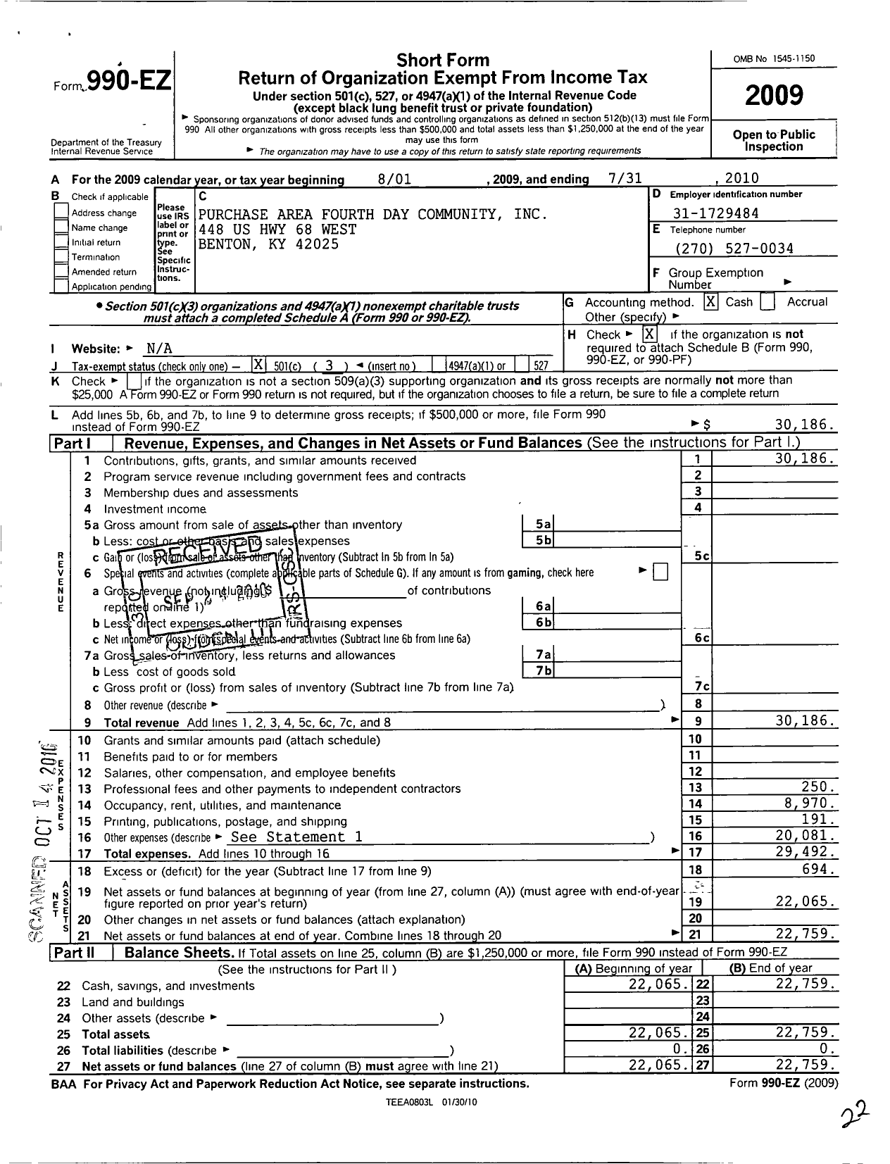 Image of first page of 2009 Form 990EZ for Purchase Area Fourth Day Community