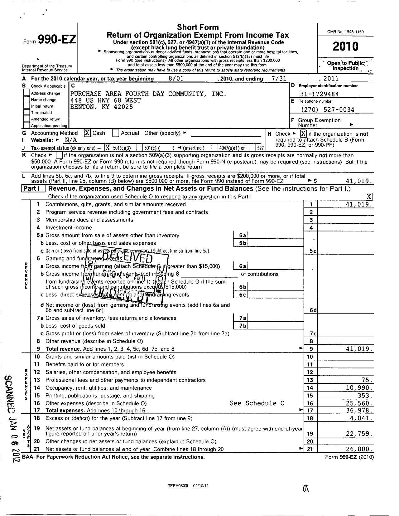 Image of first page of 2010 Form 990EZ for Purchase Area Fourth Day Community