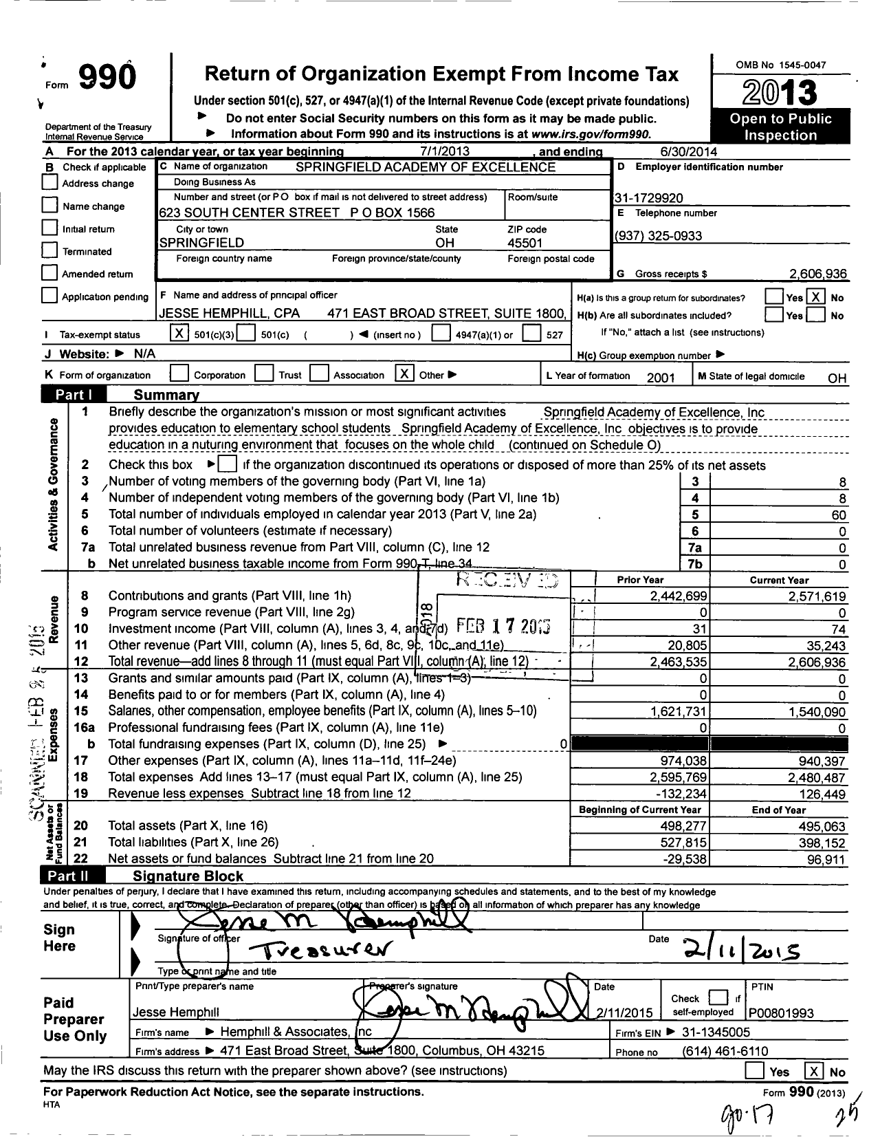 Image of first page of 2013 Form 990 for Springfield Academy of Excellence