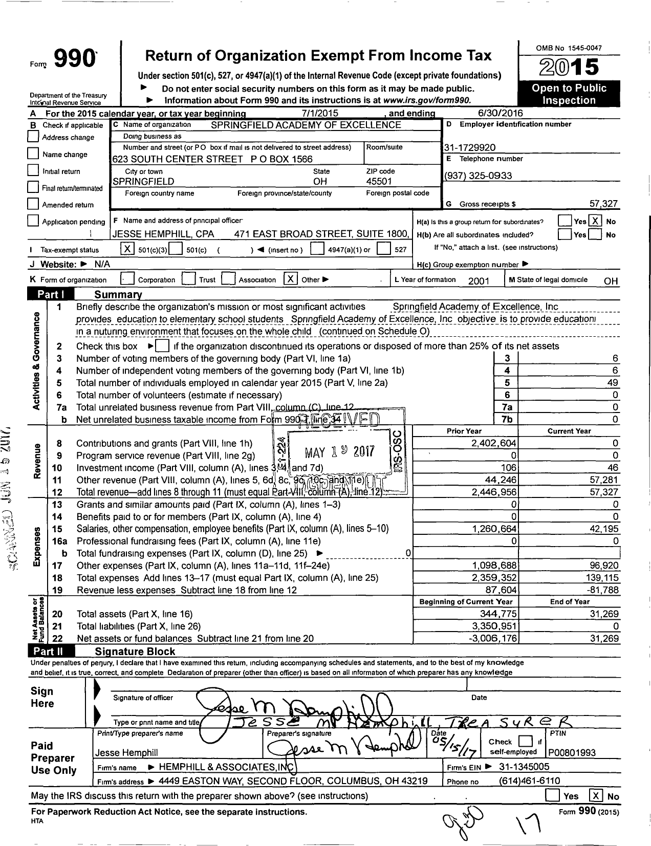 Image of first page of 2015 Form 990 for Springfield Academy of Excellence