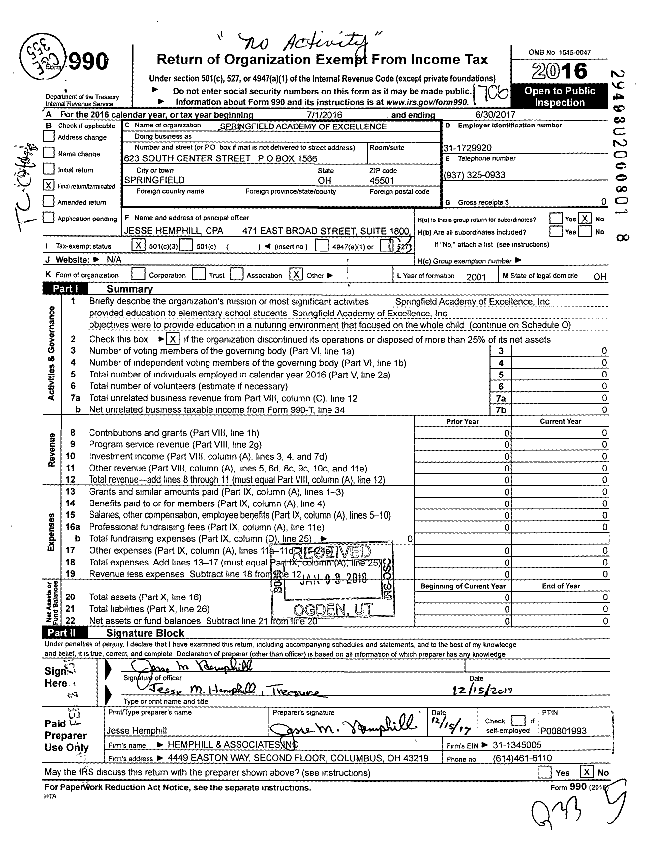 Image of first page of 2016 Form 990 for Springfield Academy of Excellence